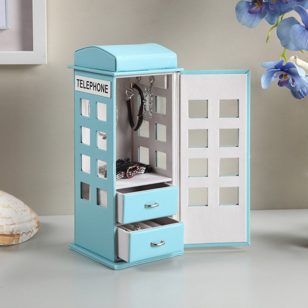 11.5' Tall Leather Jewelry Box, British Telephone Design, Pastel Blue - Grand Goldman Shop
