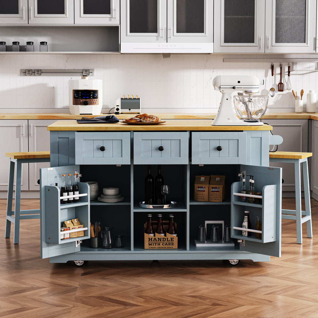 K&K 53inch Large Kitchen Island with 2 Bar Stools,Power Outlet,Door Internal Storage Rack,Kitchen Storage Cart on 5 Wheels with Drop Leaf,5 Open Side Racks,3 Drawers,Grey Blue (Three Packages) - Grand Goldman Shop