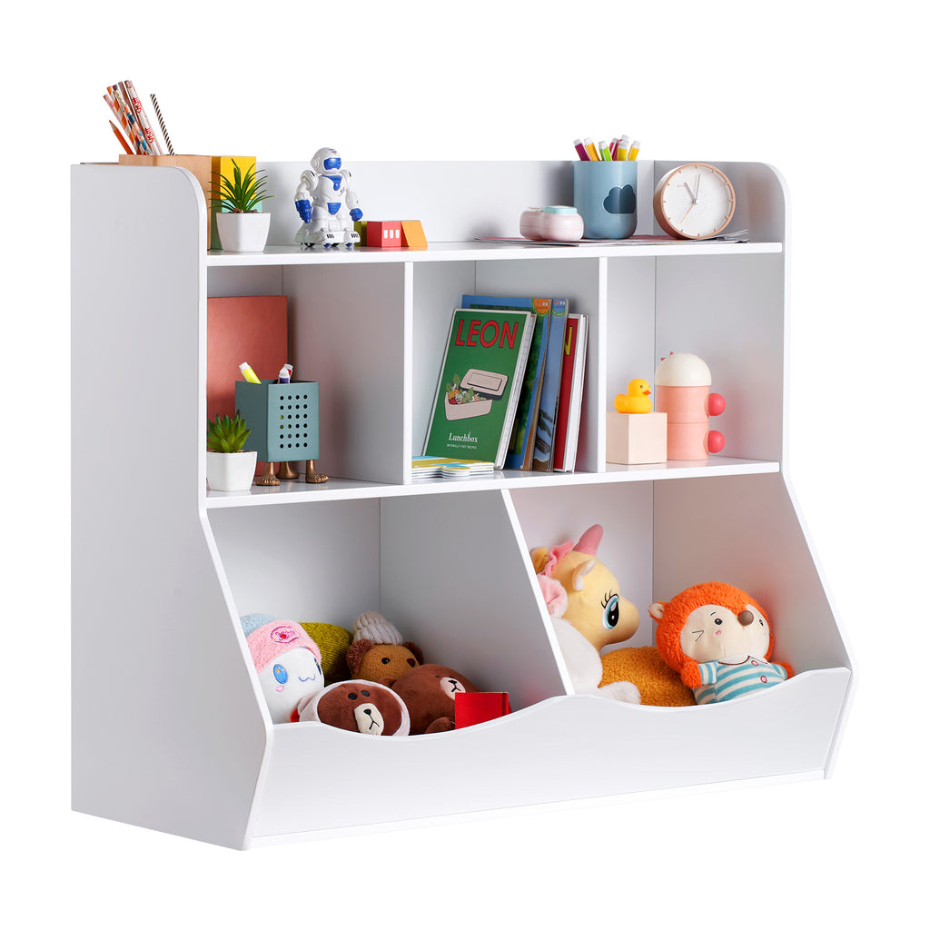 Wood Kid Storage Cubby, Toy Storage Organizer with Bookshelf, 5-Cubby Wood Toy Storage Cabinet, Children Book Toy Shelf for K
