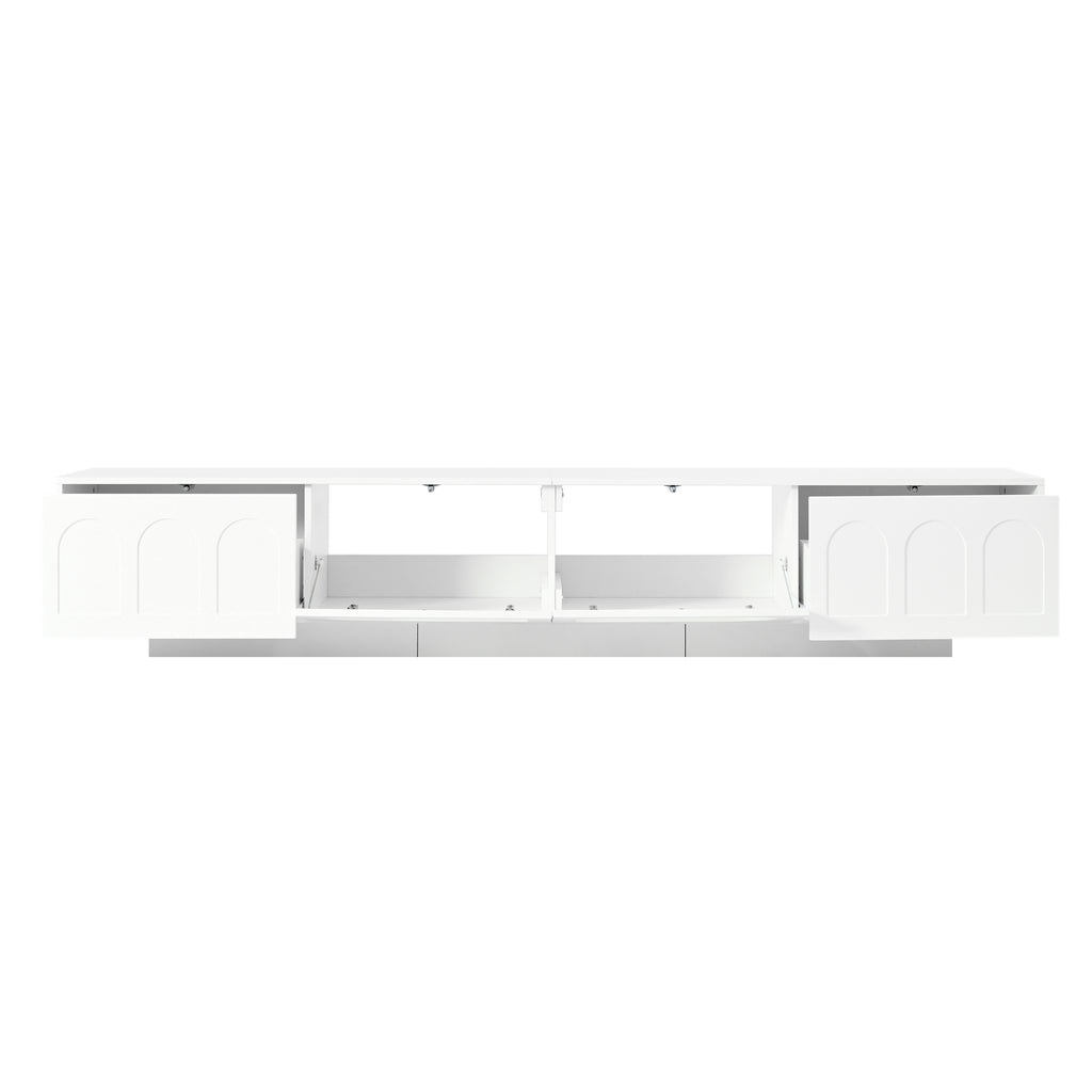 ON-TREND TV Stand with Fluted tempered Glass Doors for TVs Up to 95'', Functional Media Console with Arched Cabinet Doors, Entertainment Center with APP-Controlled LED Light for Living Room, White - Grand Goldman Shop
