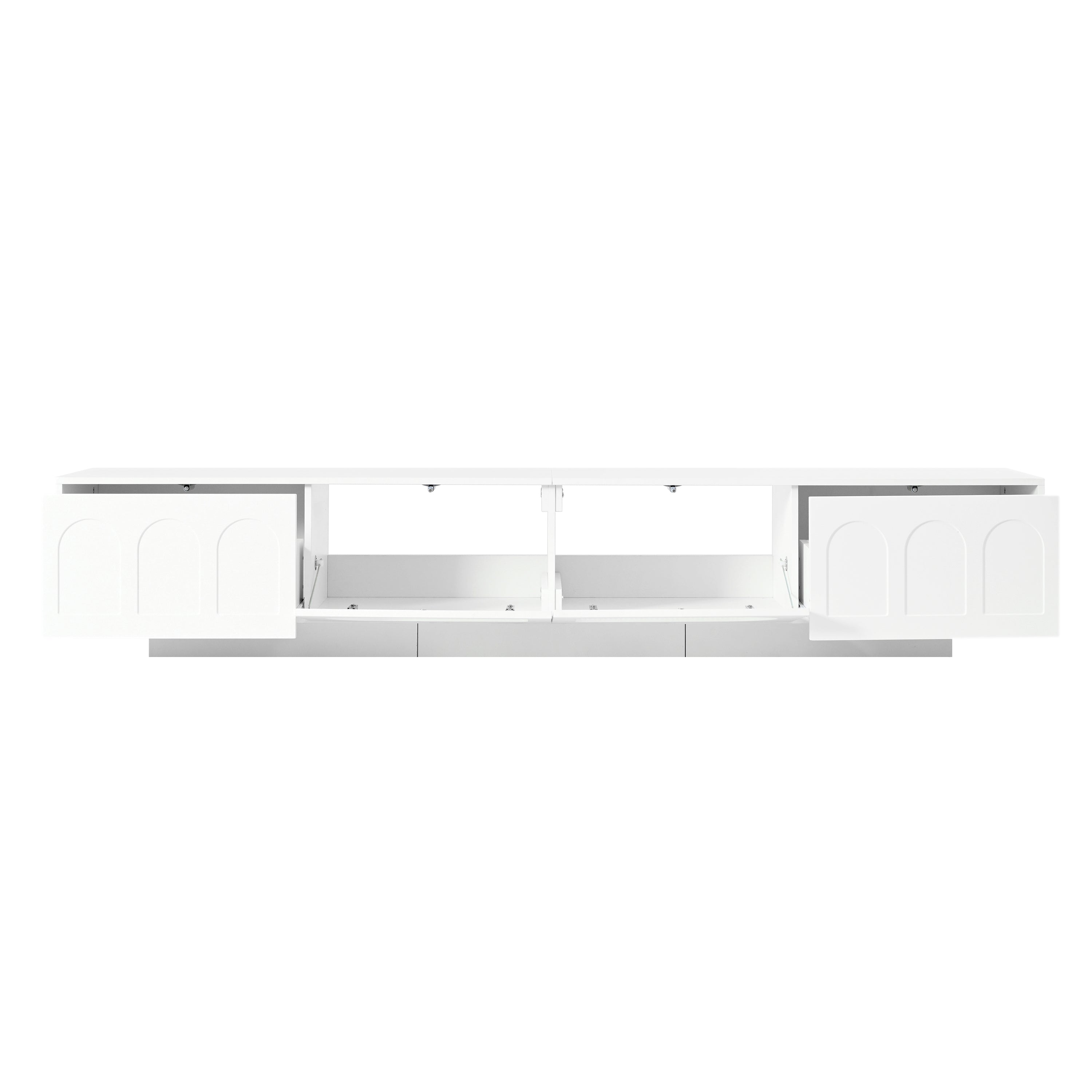 ON-TREND TV Stand with Fluted tempered Glass Doors for TVs Up to 95'', Functional Media Console with Arched Cabinet Doors, Entertainment Center with APP-Controlled LED Light for Living Room, White - Grand Goldman Shop