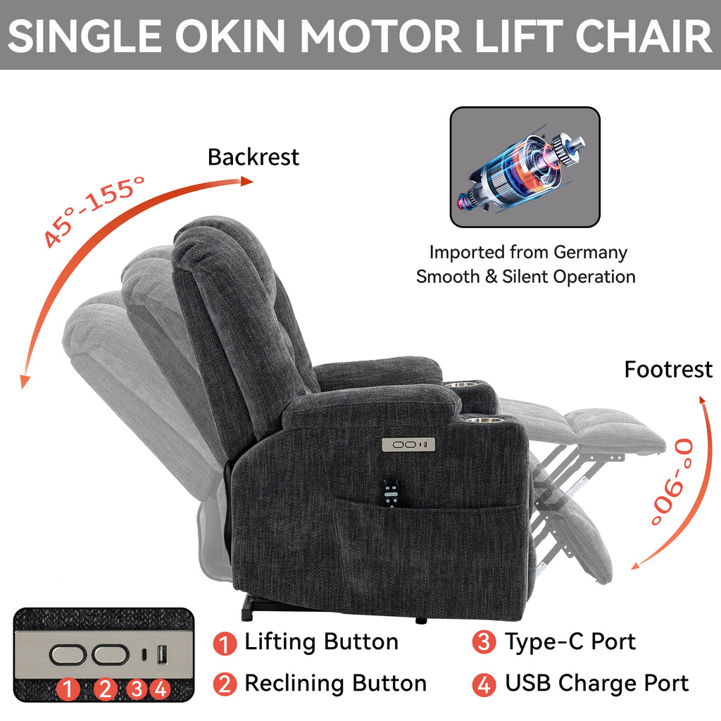 EMON'S Large Power Lift Recliner Chair with Massage and Heat for Elderly, Overstuffed Wide Recliners, Heavy Duty Motion Mechanism with USB and Type C Ports, 2 Steel Cup Holders, Gray - Grand Goldman Shop