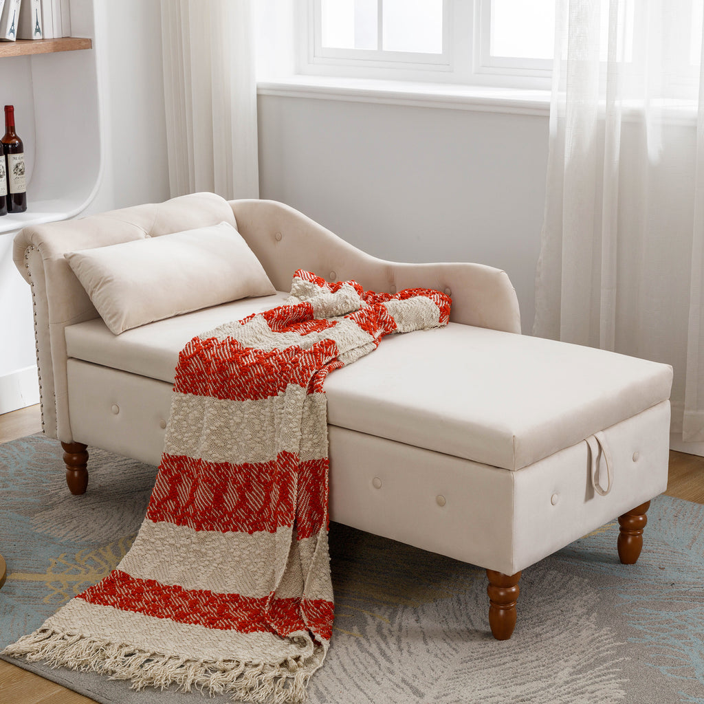 Beige Chaise Lounge Indoor, Velvet Lounge Chair for Bedroom with Storage & Pillow, Modern Upholstered Rolled Arm Chase Lounge for Sleeping with Nailhead Trim for Living Room Bedroom Office - Grand Goldman Shop