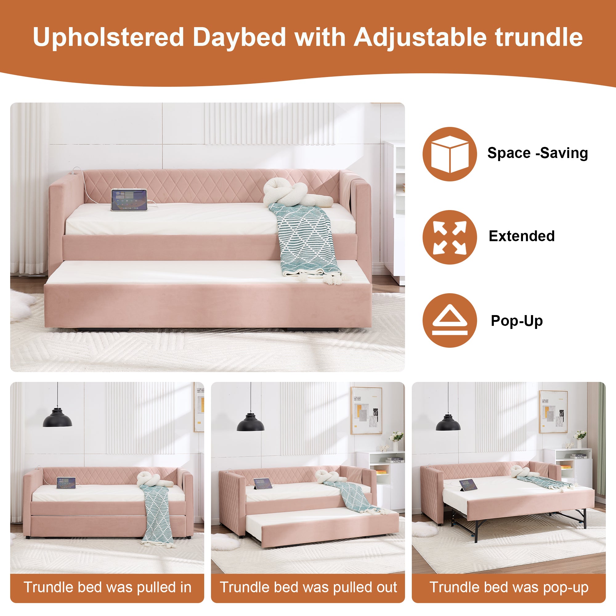 Pink velvet daybed, sturdy wooden bed frame, modern diamond grid pull-out design, perfect for bedroom, living room furniture - Grand Goldman Shop