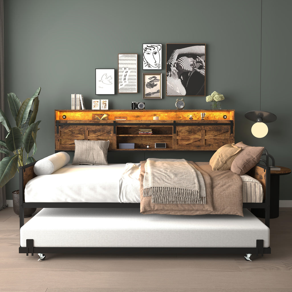 Twin Daybed with Trundle, Farmhouse Daybed Frame with Sliding Barn Door Headboard and Charging Station & LED Light for Bedroom and Guest Room, Rustic Brown - Grand Goldman Shop