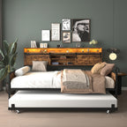 Twin Daybed with Trundle, Farmhouse Daybed Frame with Sliding Barn Door Headboard and Charging Station & LED Light for Bedroom and Guest Room, Rustic Brown - Grand Goldman Shop