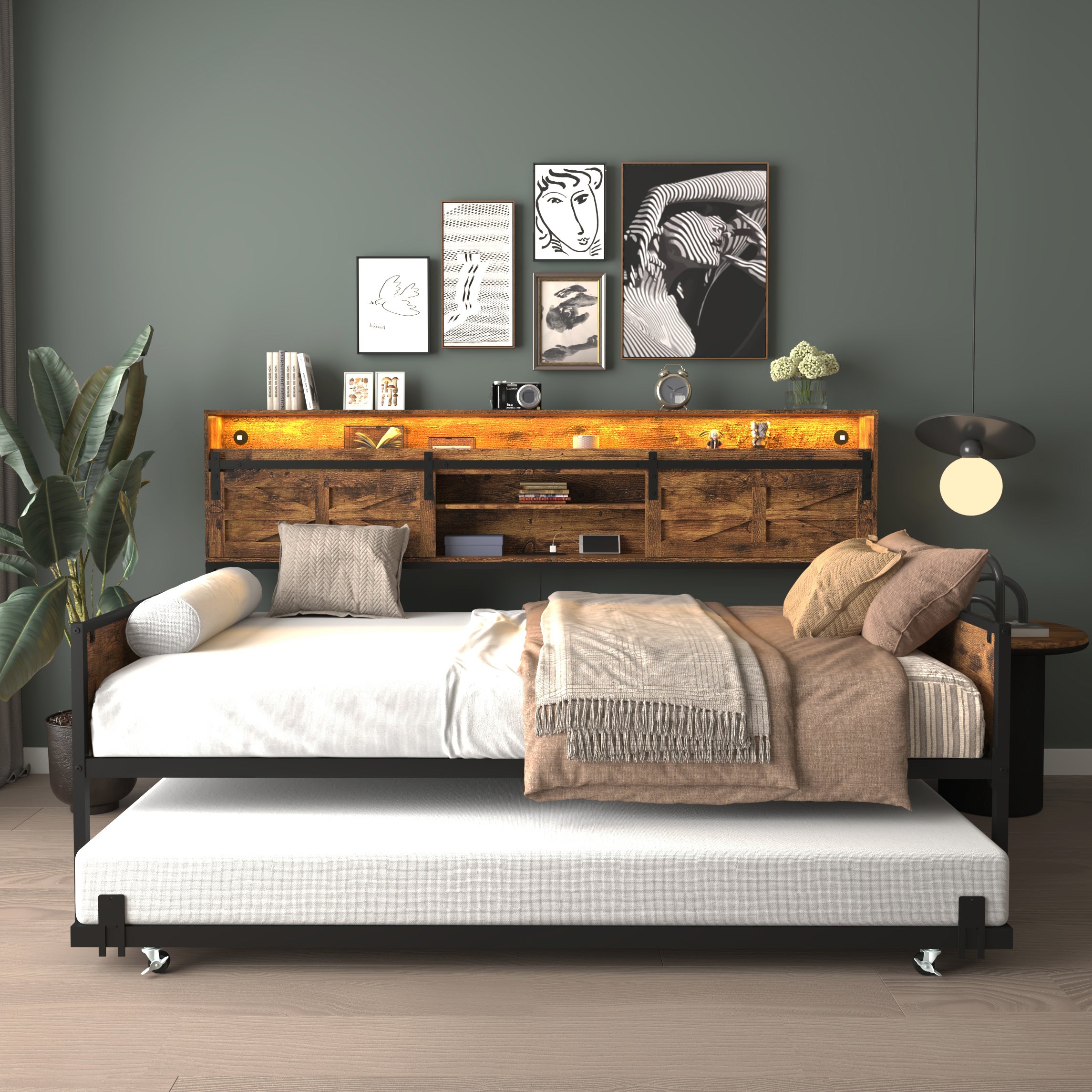 Twin Daybed with Trundle, Farmhouse Daybed Frame with Sliding Barn Door Headboard and Charging Station & LED Light for Bedroom and Guest Room, Rustic Brown - Grand Goldman Shop