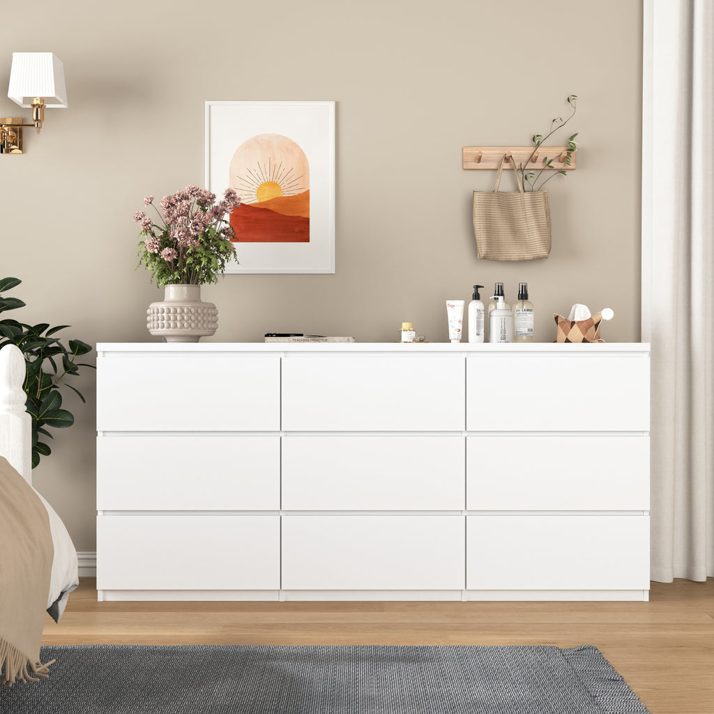 9 Drawer Dresser with No Handle Design, Modern White Matte Wood Dresser for Bedroom, Storage Chest of Drawers for Living Room, Hallway, Entryway - Grand Goldman Shop