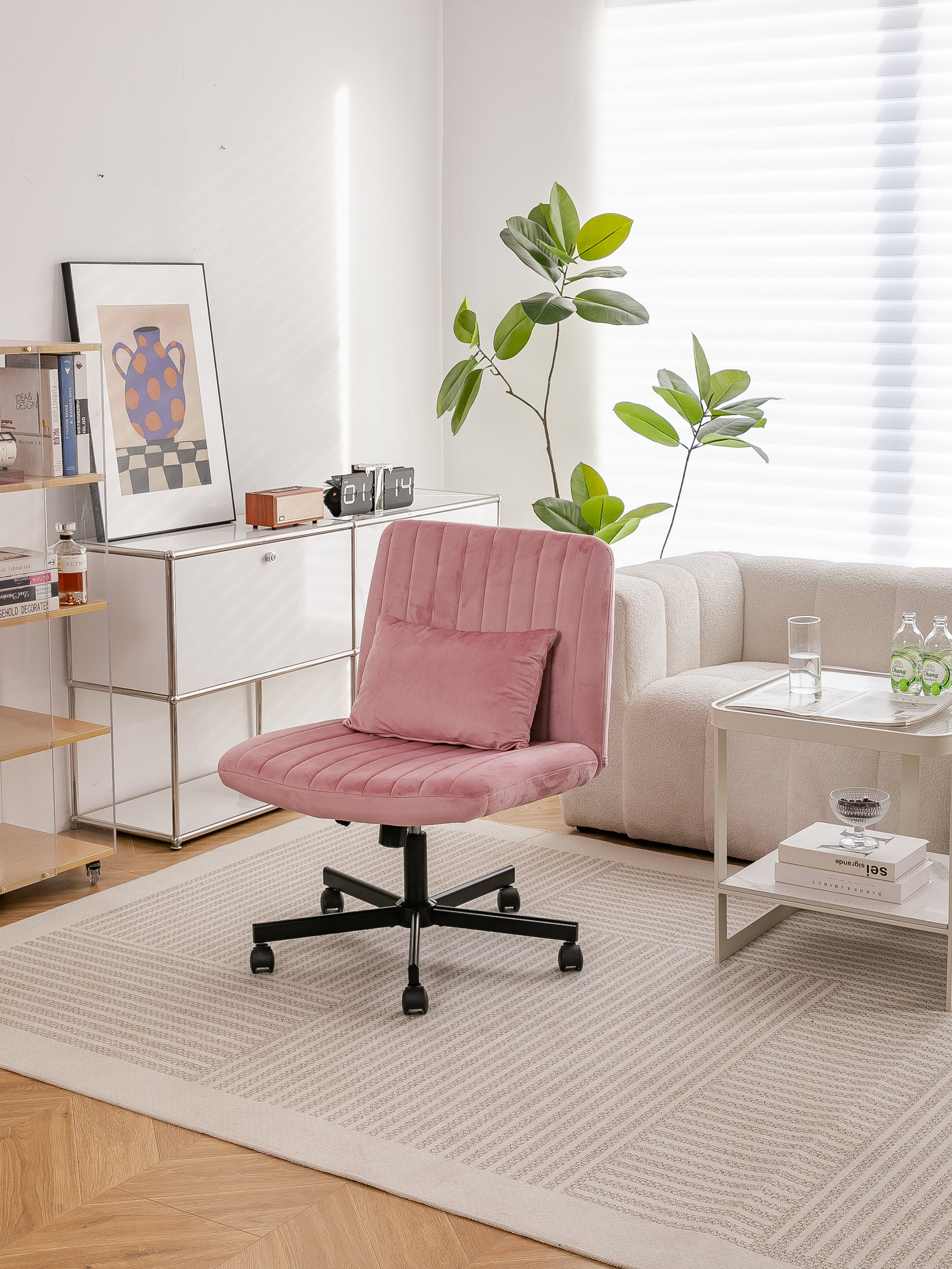 Light Pink Velvet Criss Cross Armless Office Chair with Wheels - Comfortable & Stylish for Home Office, Meditation, and Makeu
