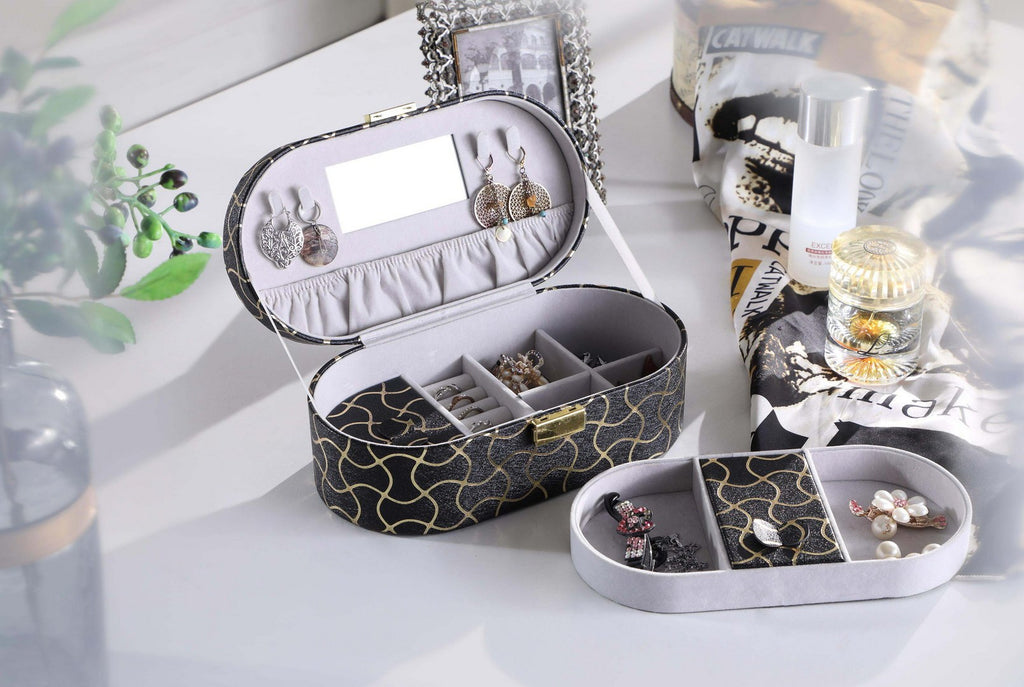 9.5' Long Leather Jewelry Organizer Case with Mirror, Gold Swirl Pattern, Black - Grand Goldman Shop