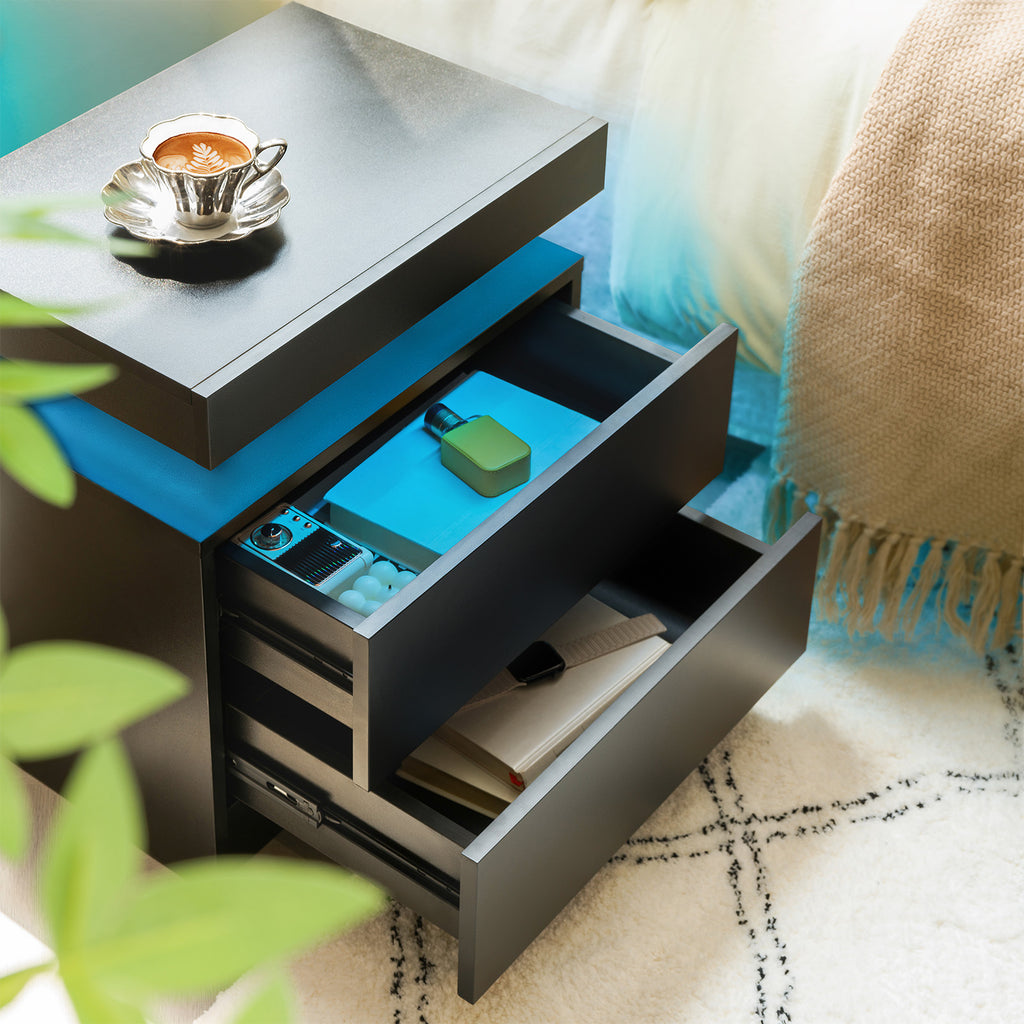 Nightstand LED Bedside Table Cabinet Lights Modern End Side with 2 Drawers for Bedroom (Black) - Grand Goldman Shop