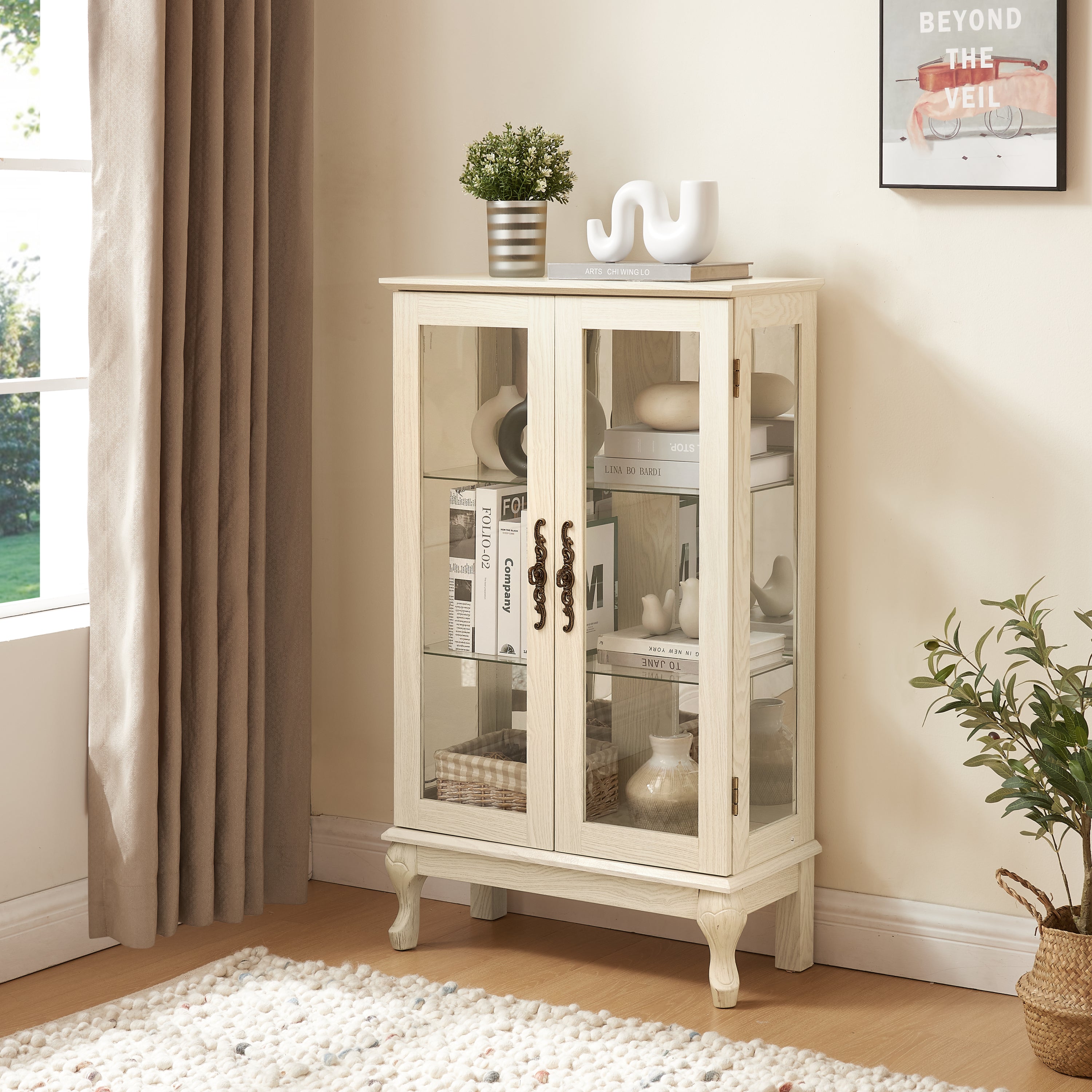 2 Doors Curio Cabinet with Tempered Glass Doors, Curio Cabinets with Mirrored Back Panel and Adjustable Shelves, Lighted Display Cabinet for Home, Office Light Bulb Included White - Grand Goldman Shop