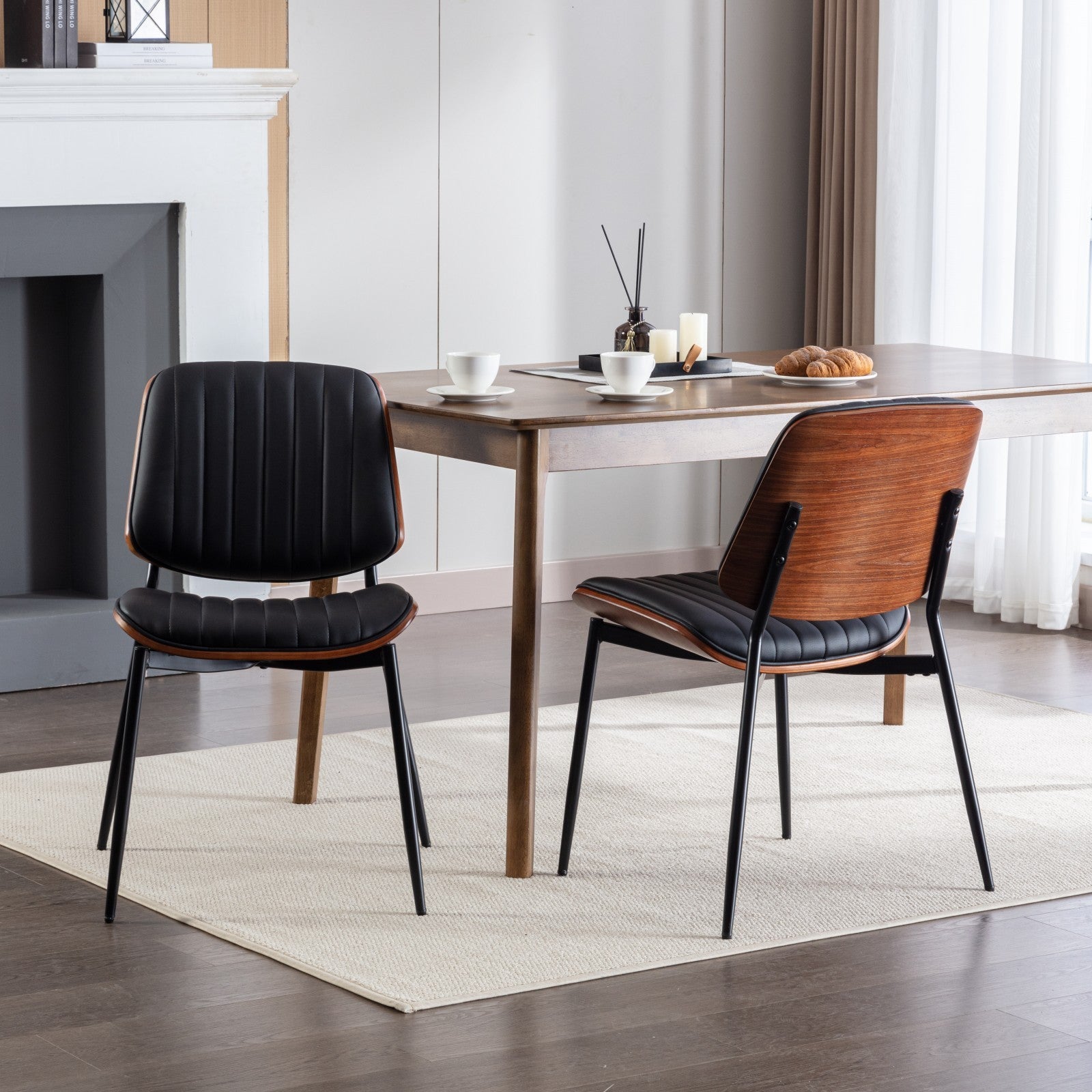 A&A Furniture, Dining Chairs Set of 2 Mid Century Modern Retro Faux Leather Chair with Walnut Bentwood Back Upholstered Seat Metal Legs Adjustable Foot for Kitchen Dining Room Chairs(Black PU) - Grand Goldman Shop