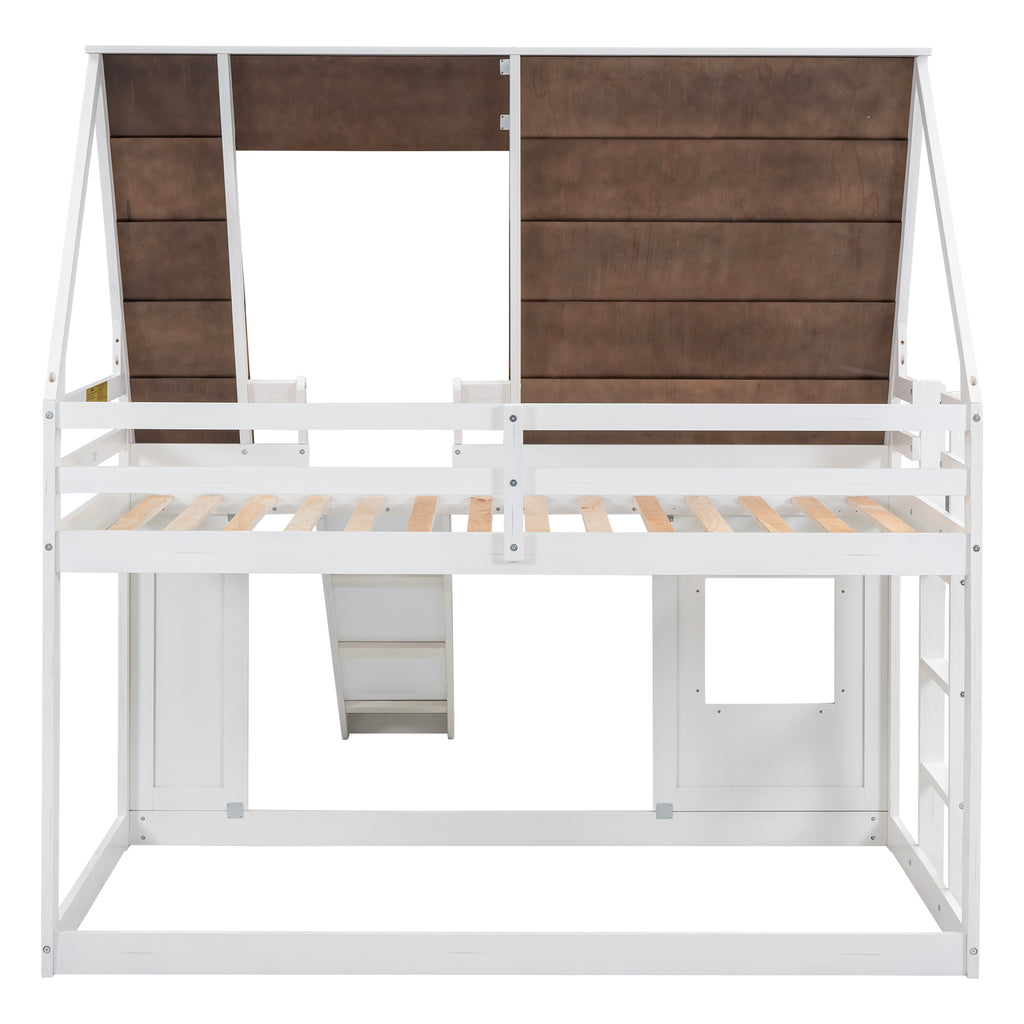 Hearth & Haven Bunk Twin Bed with House Roof, Ladder and Slide, White and Brown - Grand Goldman Shop