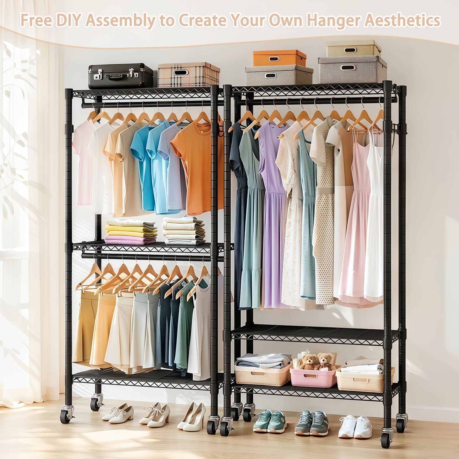 Heavy Duty Rolling Clothes Rack with 3 Tier Shelves, 2 Rails & Side Hooks, Adjustable Freestanding Organizer, Black Metal - Grand Goldman Shop