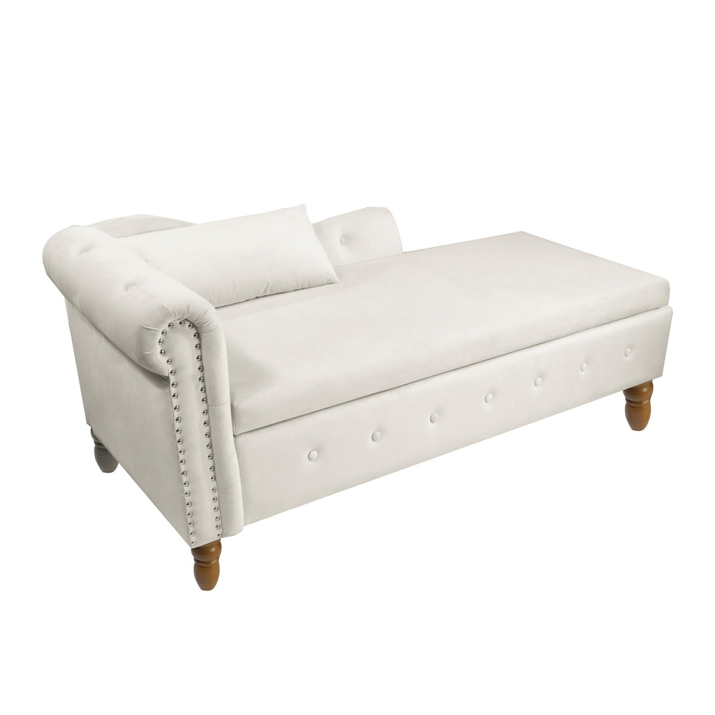 Beige Chaise Lounge Indoor, Velvet Lounge Chair for Bedroom with Storage & Pillow, Modern Upholstered Rolled Arm Chase Lounge for Sleeping with Nailhead Trim for Living Room Bedroom Office - Grand Goldman Shop