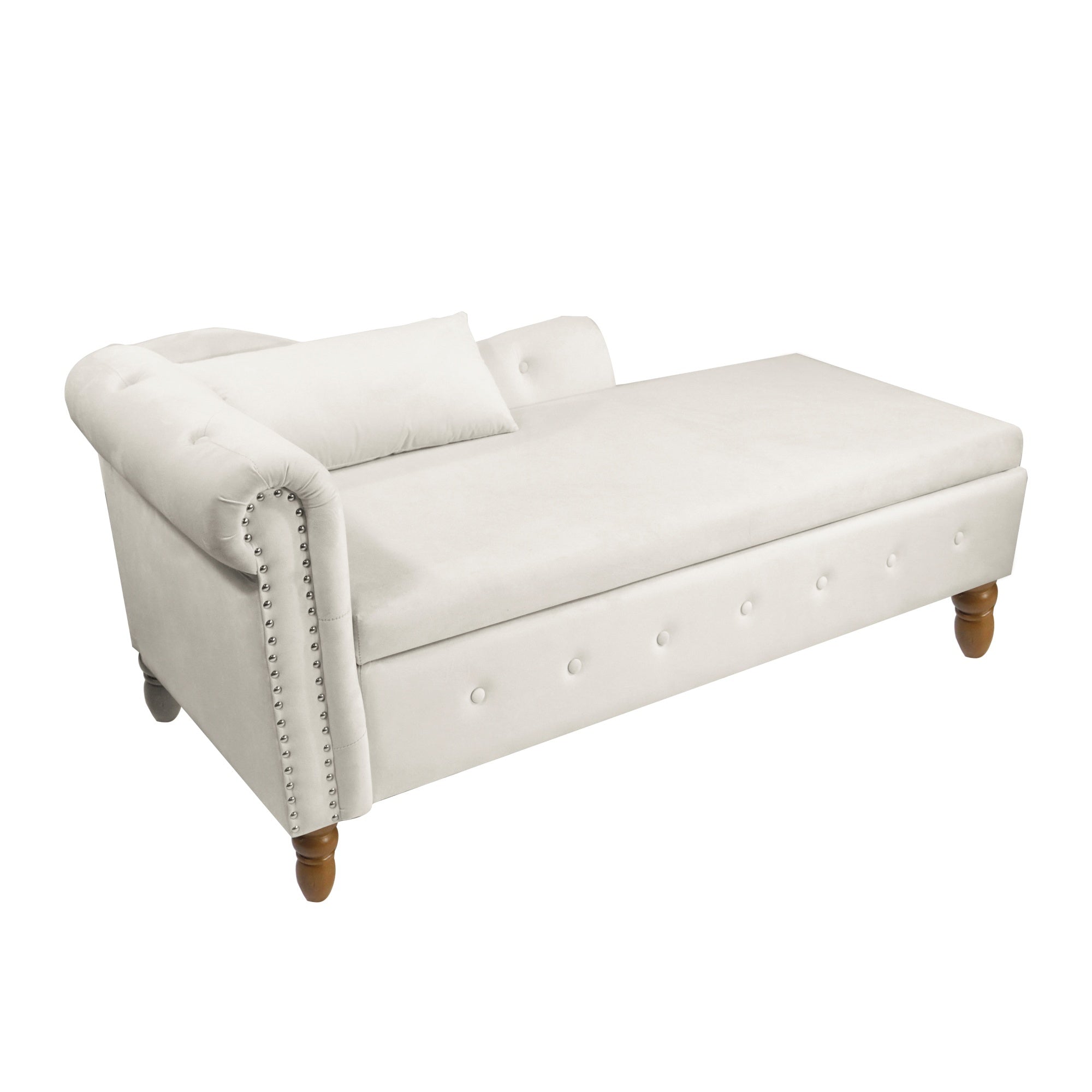 Beige Chaise Lounge Indoor, Velvet Lounge Chair for Bedroom with Storage & Pillow, Modern Upholstered Rolled Arm Chase Lounge for Sleeping with Nailhead Trim for Living Room Bedroom Office - Grand Goldman Shop