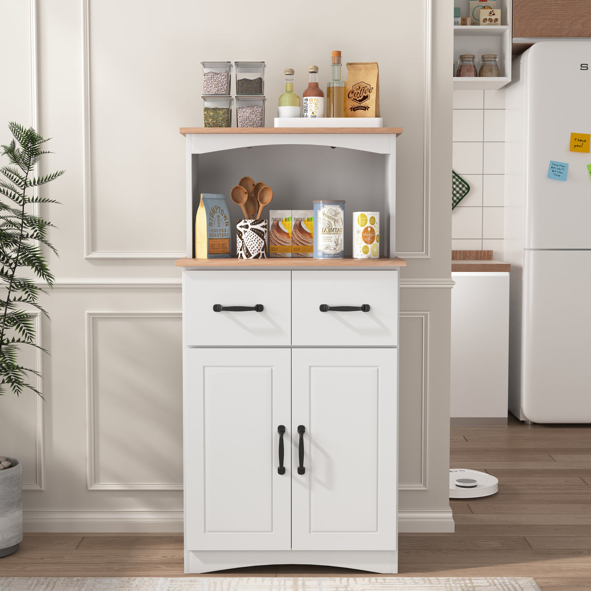 Wooden Kitchen Cabinet White Pantry Storage Microwave Cabinet with Storage Drawer - Grand Goldman Shop