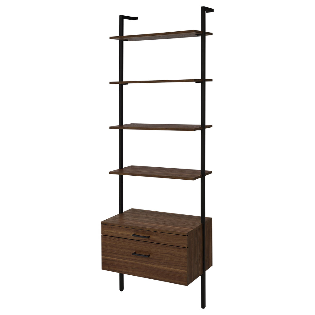 Wendell Walnut 4-Shelf Storage Wall Bookshelf with Drawer - Modern Industrial Style, Walnut Finish, Engineered Wood, 96in H x