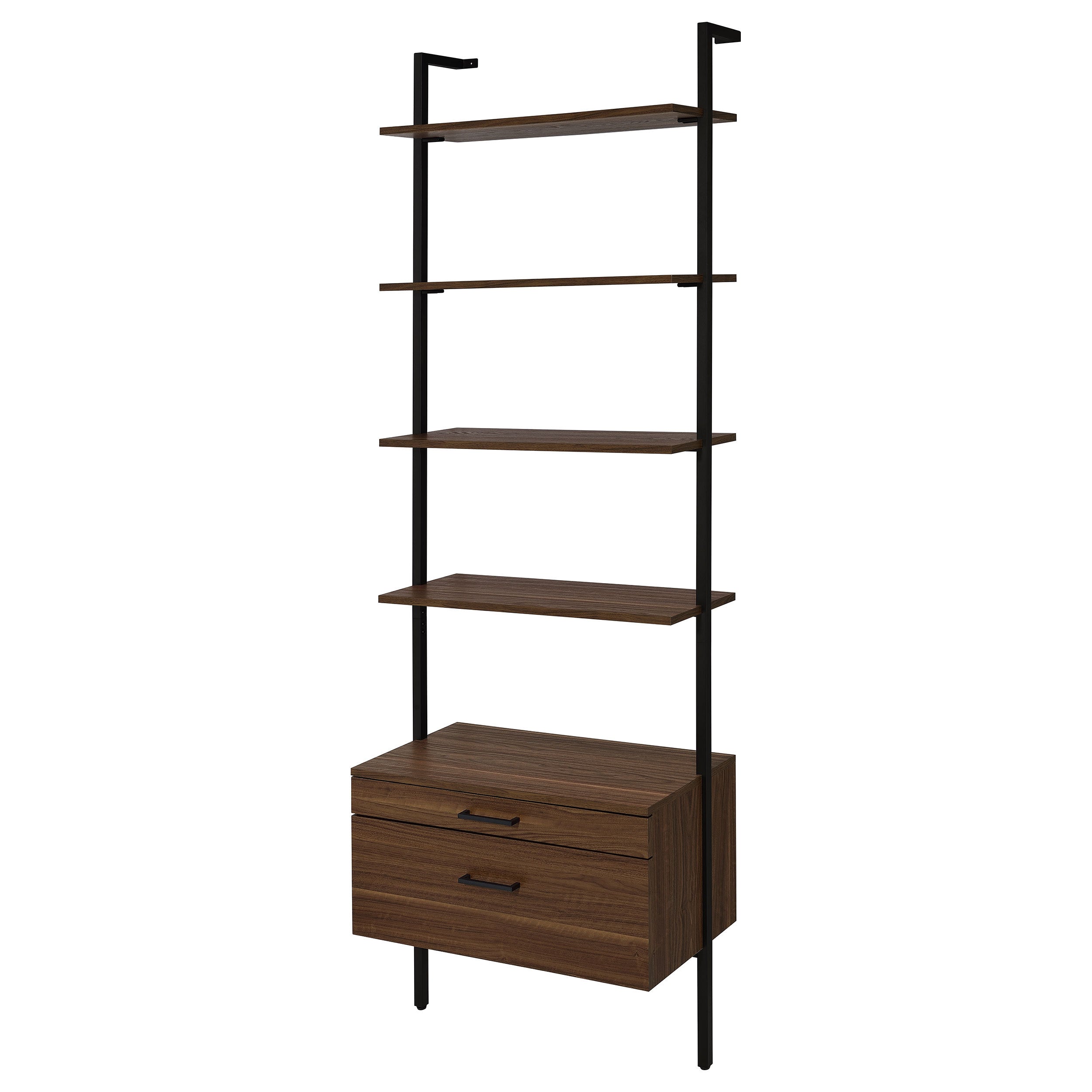 Wendell Walnut 4-Shelf Storage Wall Bookshelf with Drawer - Modern Industrial Style, Walnut Finish, Engineered Wood, 96in H x