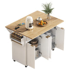 K&K 55.5' Fluted Kitchen Island with 2 Drop Leaf, Kitchen Storage Cart with Power Outlet, 4 Doors, Spice rack, Rolling Island Table with Wood-grain Top, Curved Edge for Kitchen, Dining Room,White - Grand Goldman Shop