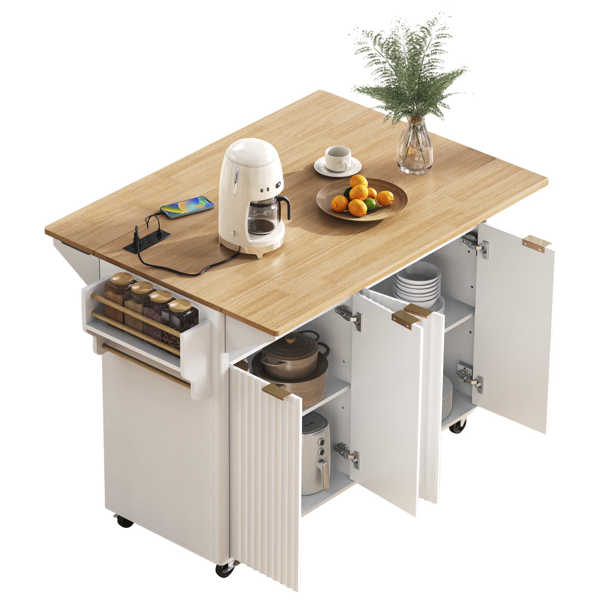 K&K 55.5' Fluted Kitchen Island with 2 Drop Leaf, Kitchen Storage Cart with Power Outlet, 4 Doors, Spice rack, Rolling Island Table with Wood-grain Top, Curved Edge for Kitchen, Dining Room,White - Grand Goldman Shop