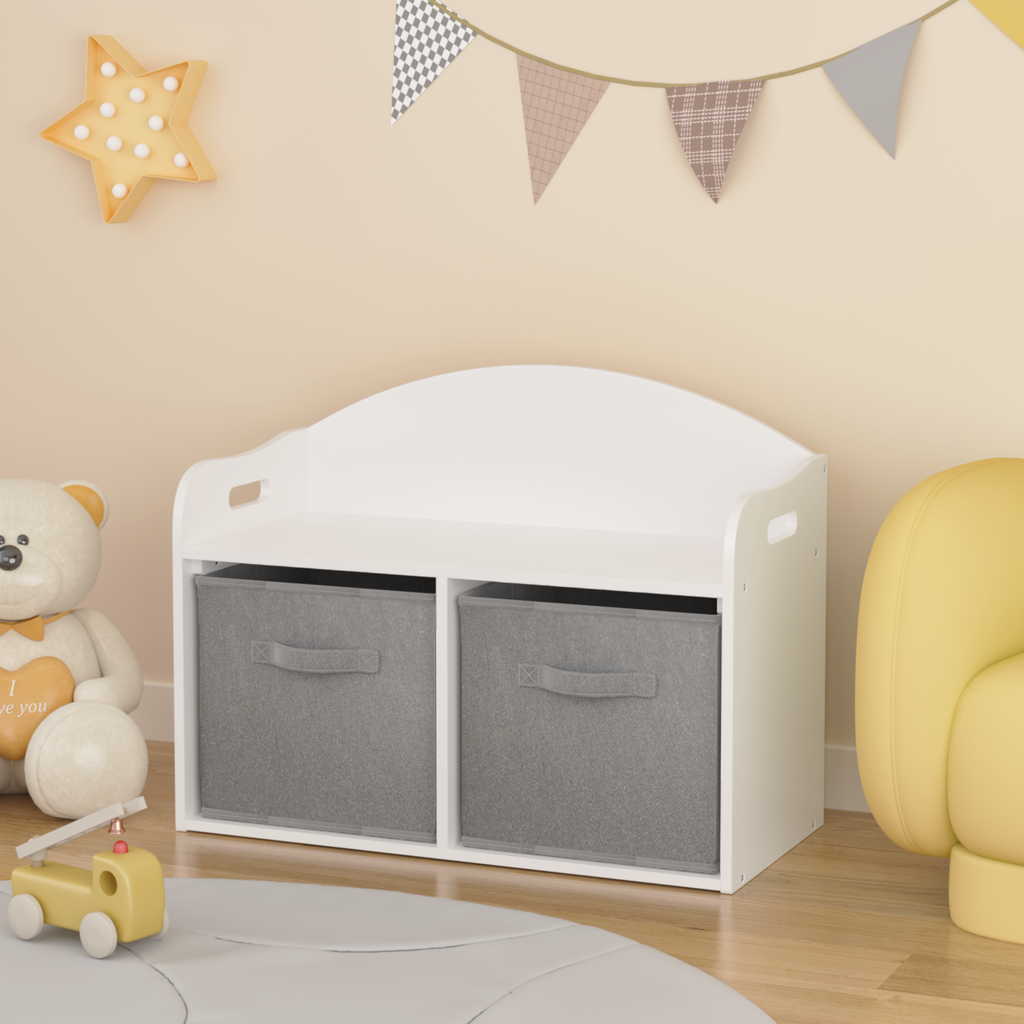 Kids Wooden Toy Box Bench with Collapsible Fabric Drawers, White MDF Storage Cabinet Organizer, 24.6 x 11.8 x 19.1 inches - G