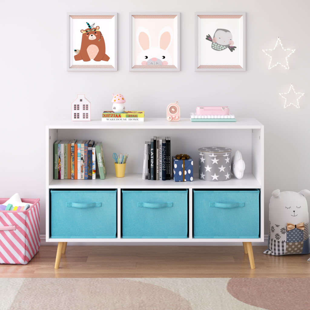 Kids bookcase with Collapsible Fabric Drawers, Children's Book Display, Toy Storage Cabinet Organizer, White/Blue - Grand Gol