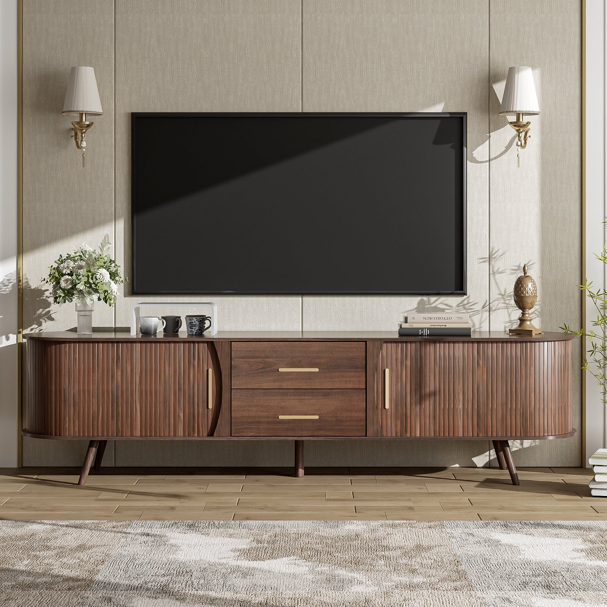Mid-Century Modern TV Stand for 80' TV, Entertainment Center with Storage in Dark Brown, Solid Wood and MDF Construction, 70.8' L x 15.5' W x 18.1' H - Grand Goldman Shop