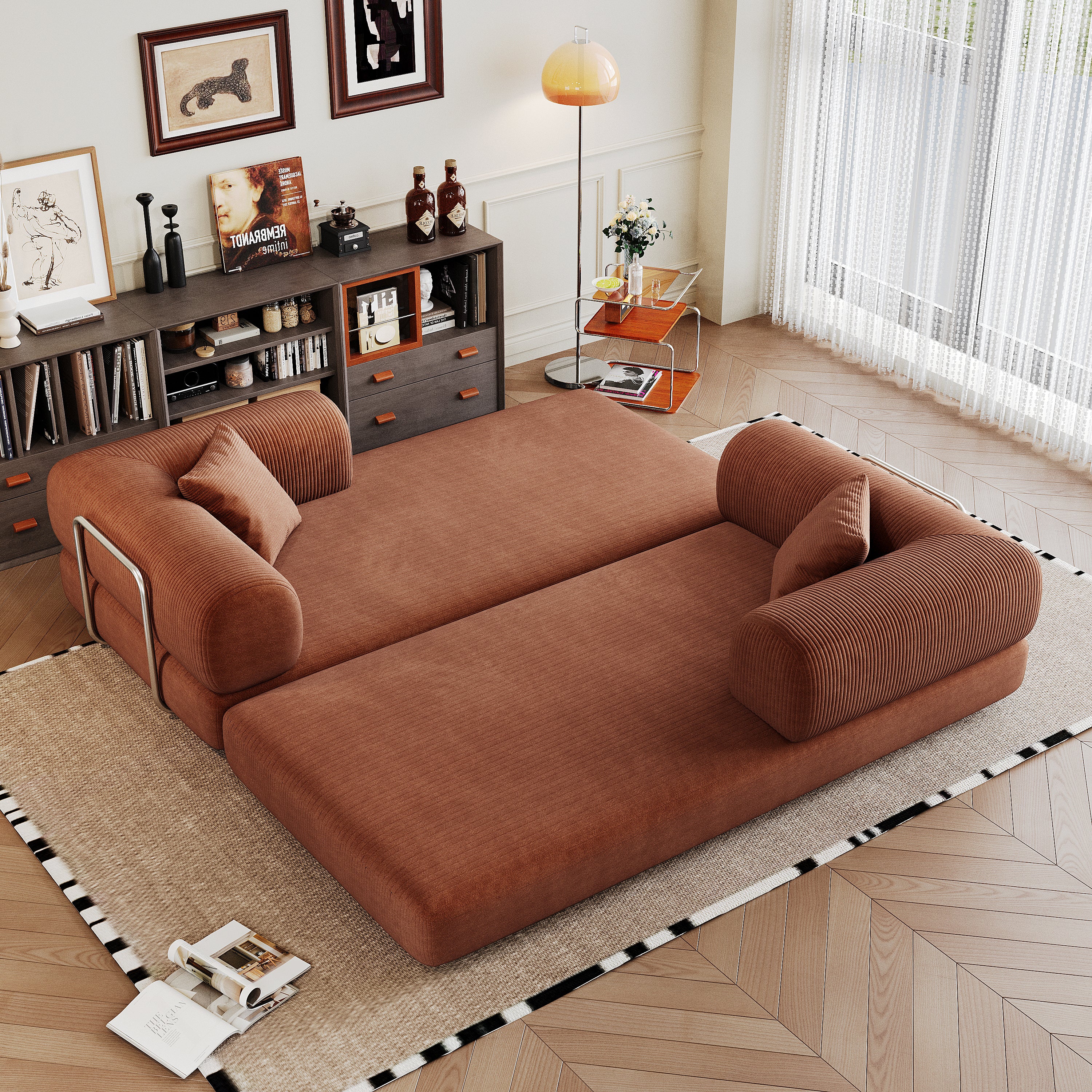 78.8' Compression Sofa,Convertible Floor Sofa Bed-with Pillow Back Support Armrest,Comfy Futon Couch Sleeper Bed,Loveseats Boneless Modular Sectional Sofa,Corduroy fabric,for Living Room,Bedroom,Brown - Grand Goldman Shop