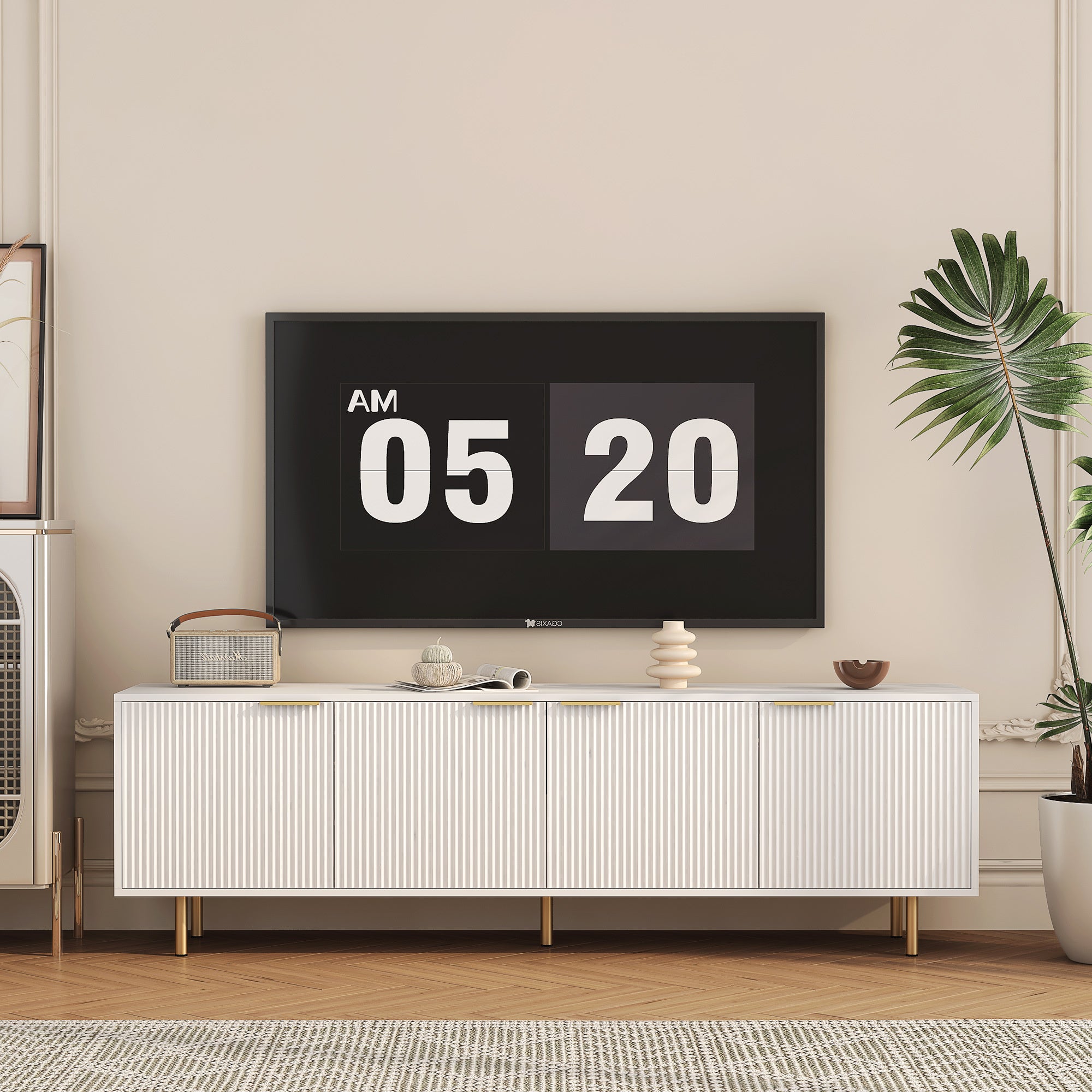 White Modern TV Stand Fluted 68' t, Entertainment Center with Storage Doors, TV Console Media Cabinet,  for 55+ Inch TV, Living Room - Grand Goldman Shop