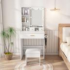 White Vanity Table with Mirror, Adjustable LED Lights, Power Outlet, Hairdryer Holder & Stool – Compact Dressing Desk for Small Bedrooms - Grand Goldman Shop