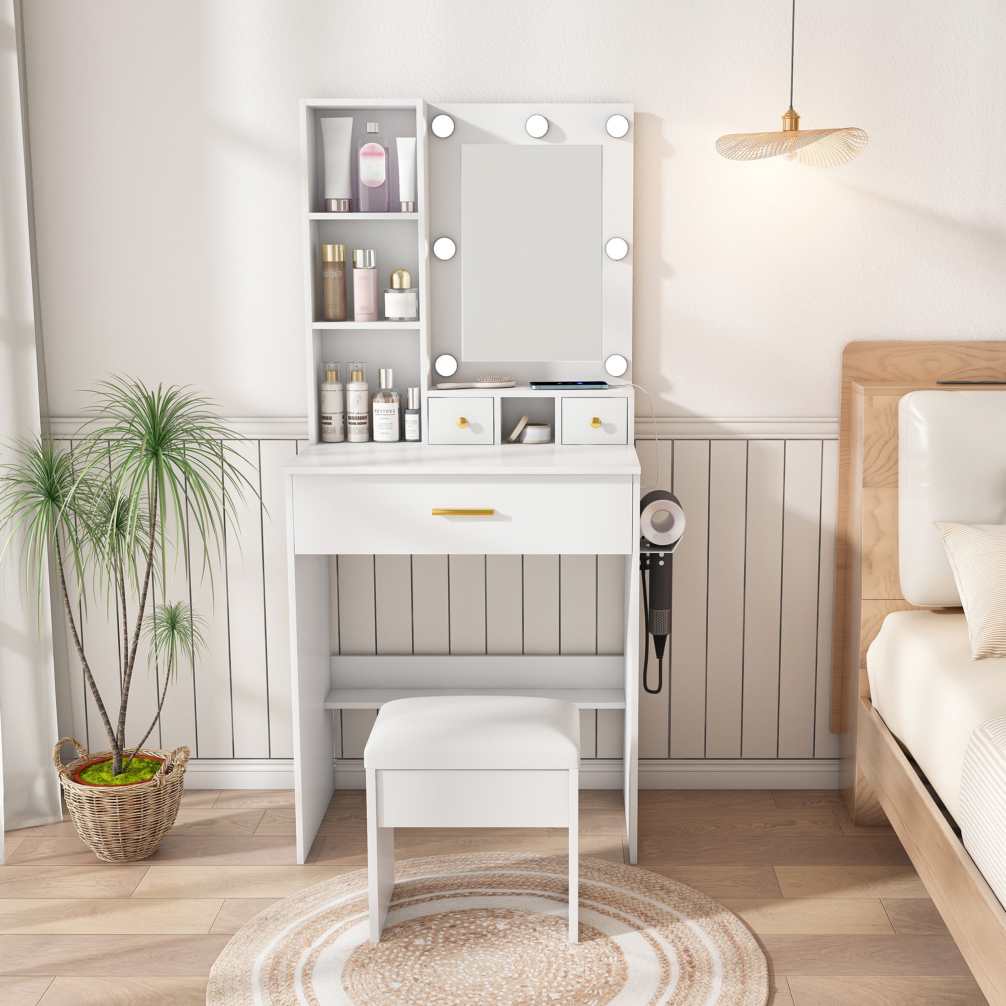 White Vanity Table with Mirror, Adjustable LED Lights, Power Outlet, Hairdryer Holder & Stool – Compact Dressing Desk for Small Bedrooms - Grand Goldman Shop