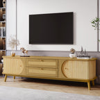 Modern Farmhouse Rattan TV Stand for TVs up to 75'', Solid Wood Legs, Natural Wood Finish Media Console with Storage Drawers and Sliding Doors - Grand Goldman Shop