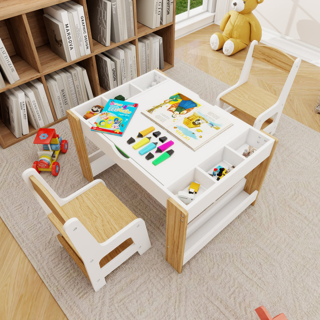 Kids 2 in 1 Play Table & 2 Chairs Set,with 7 Storage Compartments,Compatible with LEGO Building Block,Modern Activity Learnin