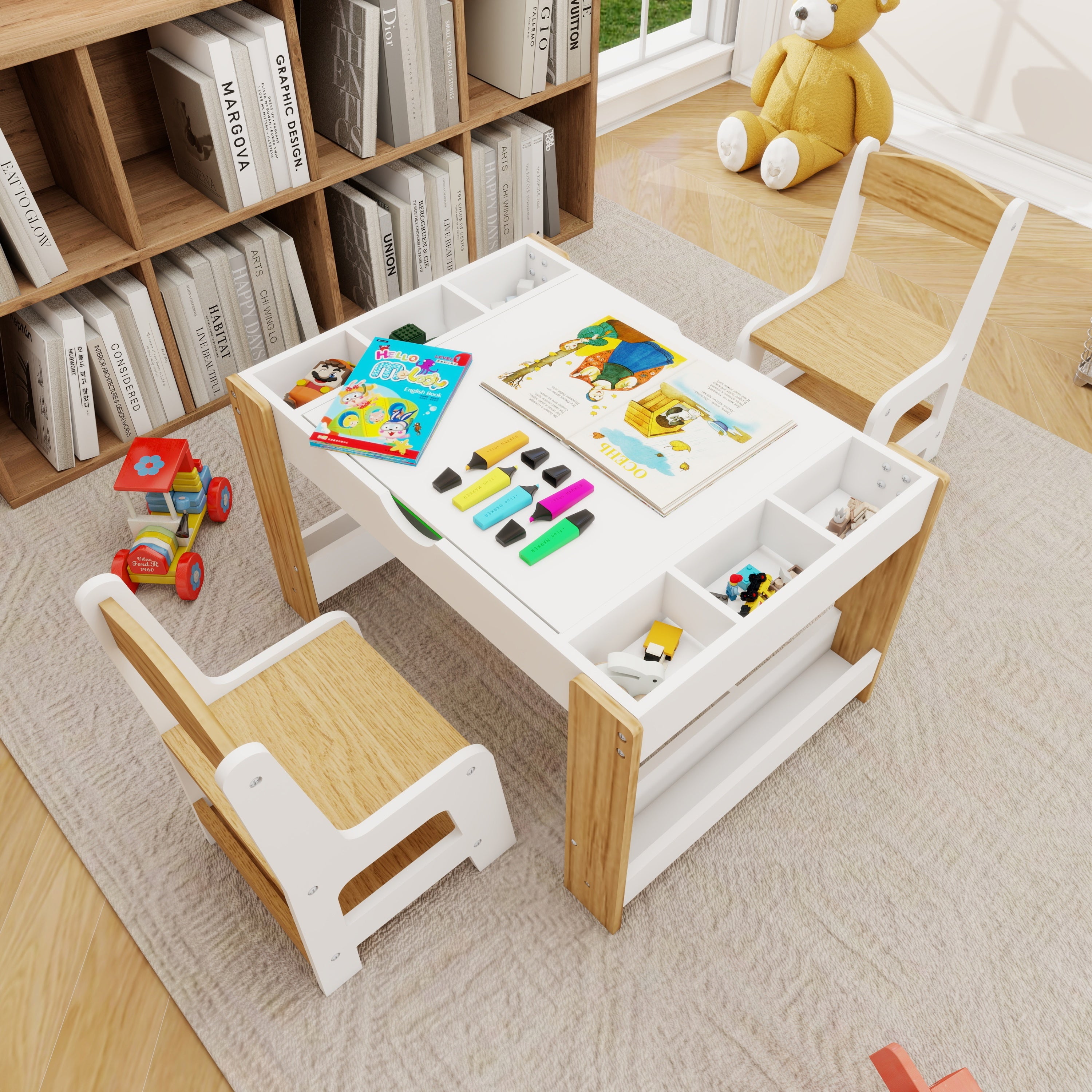 Kids 2 in 1 Play Table & 2 Chairs Set,with 7 Storage Compartments,Compatible with LEGO Building Block,Modern Activity Learnin