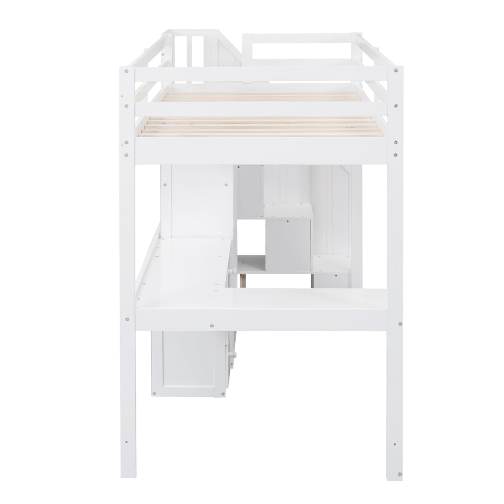 White Twin Size Loft Bed with L-Shaped Desk, Drawers, Cabinet, and Storage Staircase - Pine Wood & MDF - Grand Goldman Shop