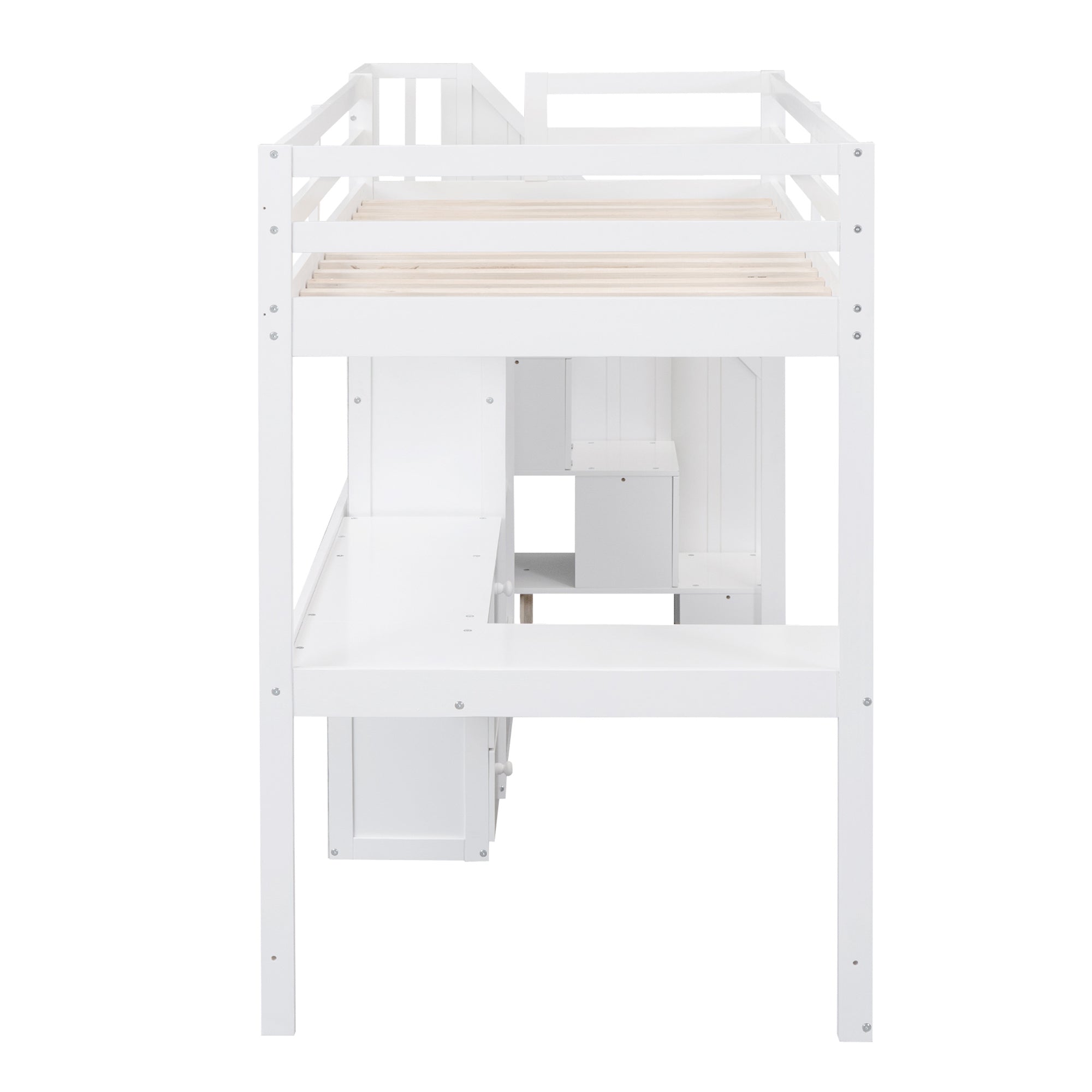 White Twin Size Loft Bed with L-Shaped Desk, Drawers, Cabinet, and Storage Staircase - Pine Wood & MDF - Grand Goldman Shop