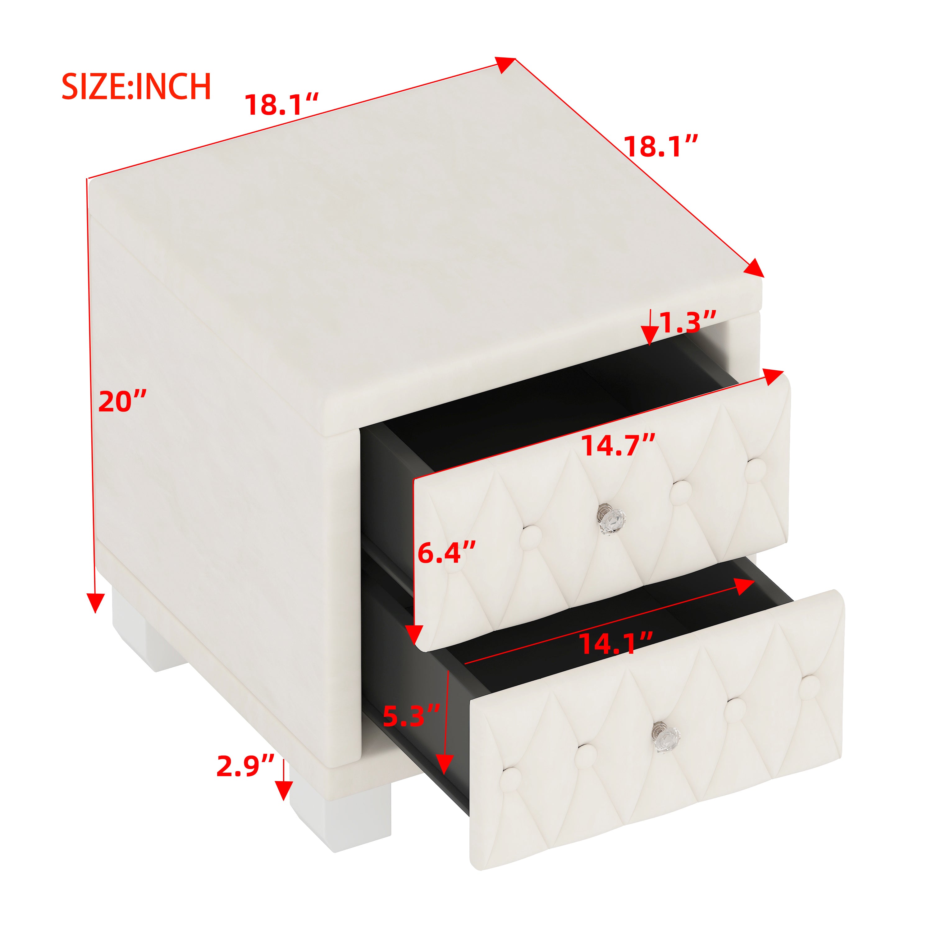 Elegant Velvet Nightstand with 2 Drawers and Crystal Handle, Storage Bedside Table with Button-Tufted, Beige - Grand Goldman Shop
