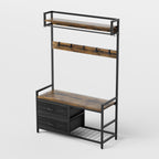 Rustic Brown 33.1' Wide Hall Tree with 2 Movable Drawers, Shoe Storage, Shelves, Garment Racks, and 23 Hooks for Entryway or Corner - Grand Goldman Shop