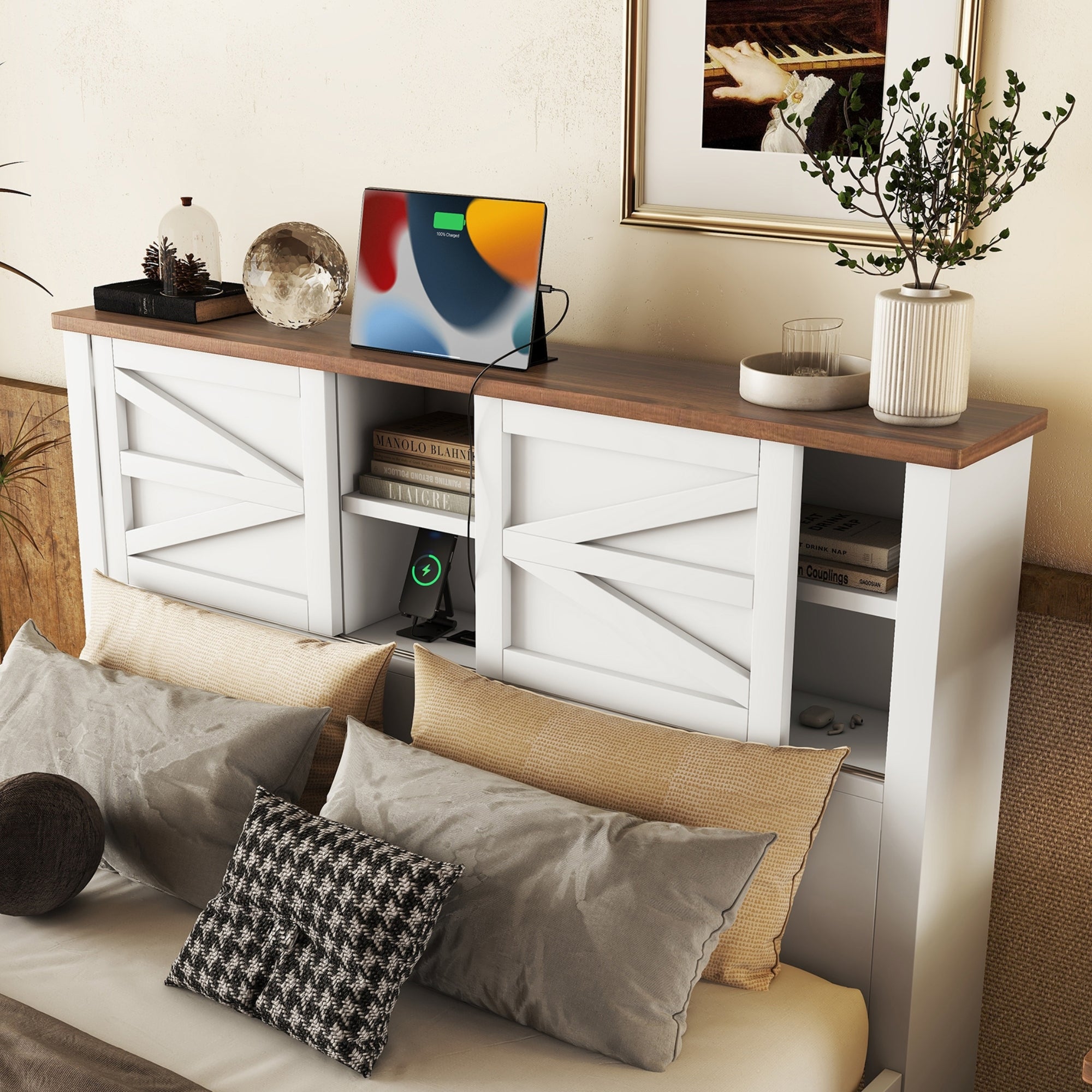 3-Pieces Bedroom Sets Queen Size  Farmhouse Platform Bed with Double Sliding Door Storage Headboard, Storage Nightstand and Dresser, White+Brown(Old SKU HL000092AAK) - Grand Goldman Shop