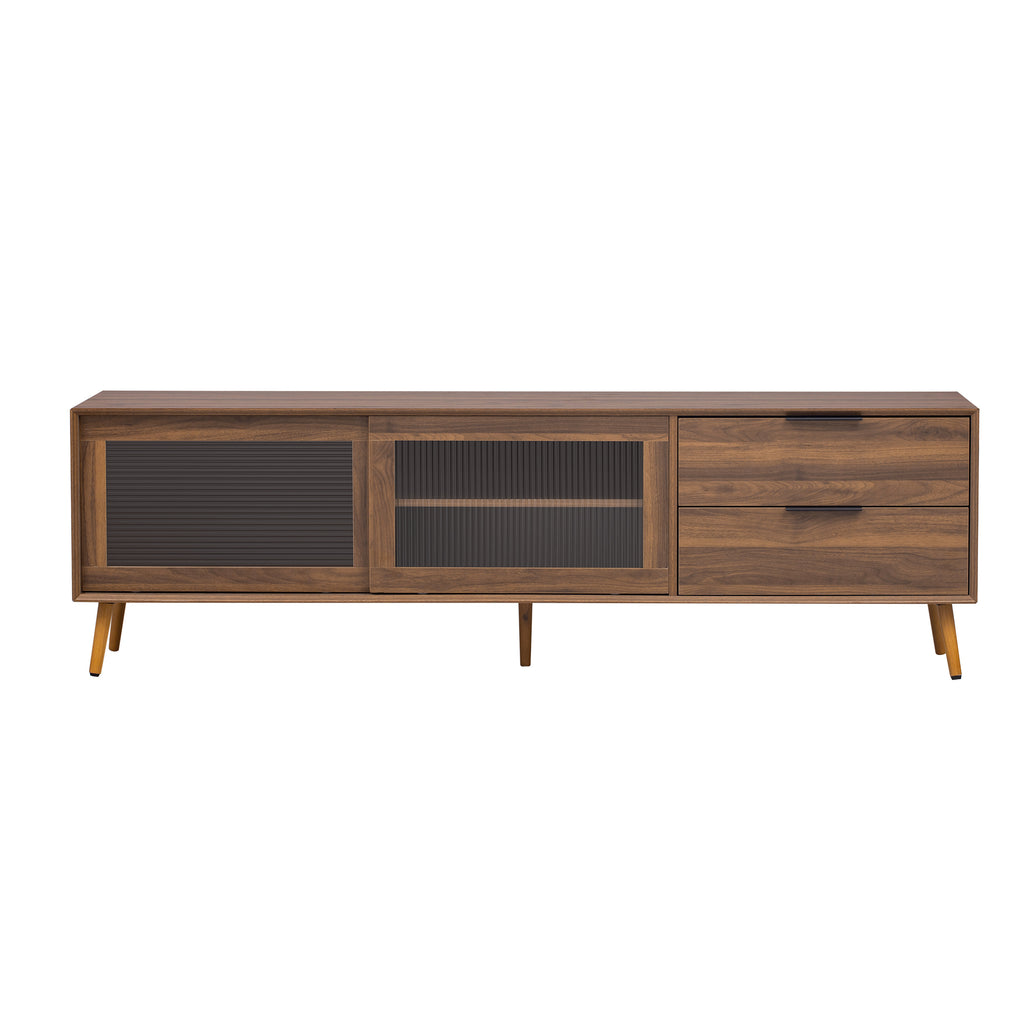 Modern Walnut TV Stand for 75+ TV, 70' Media Console with 2 Glass Doors, 2 Drawers & Storage Cabinet, MDF and Solid Wood Construction - Grand Goldman Shop