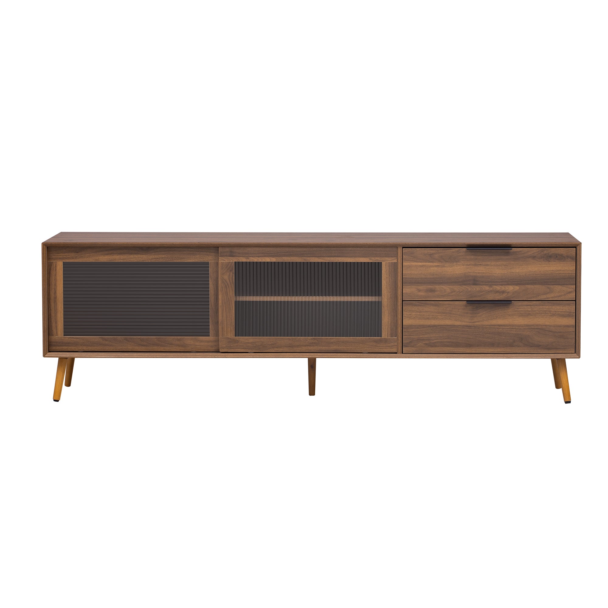 Modern Walnut TV Stand for 75+ TV, 70' Media Console with 2 Glass Doors, 2 Drawers & Storage Cabinet, MDF and Solid Wood Construction - Grand Goldman Shop