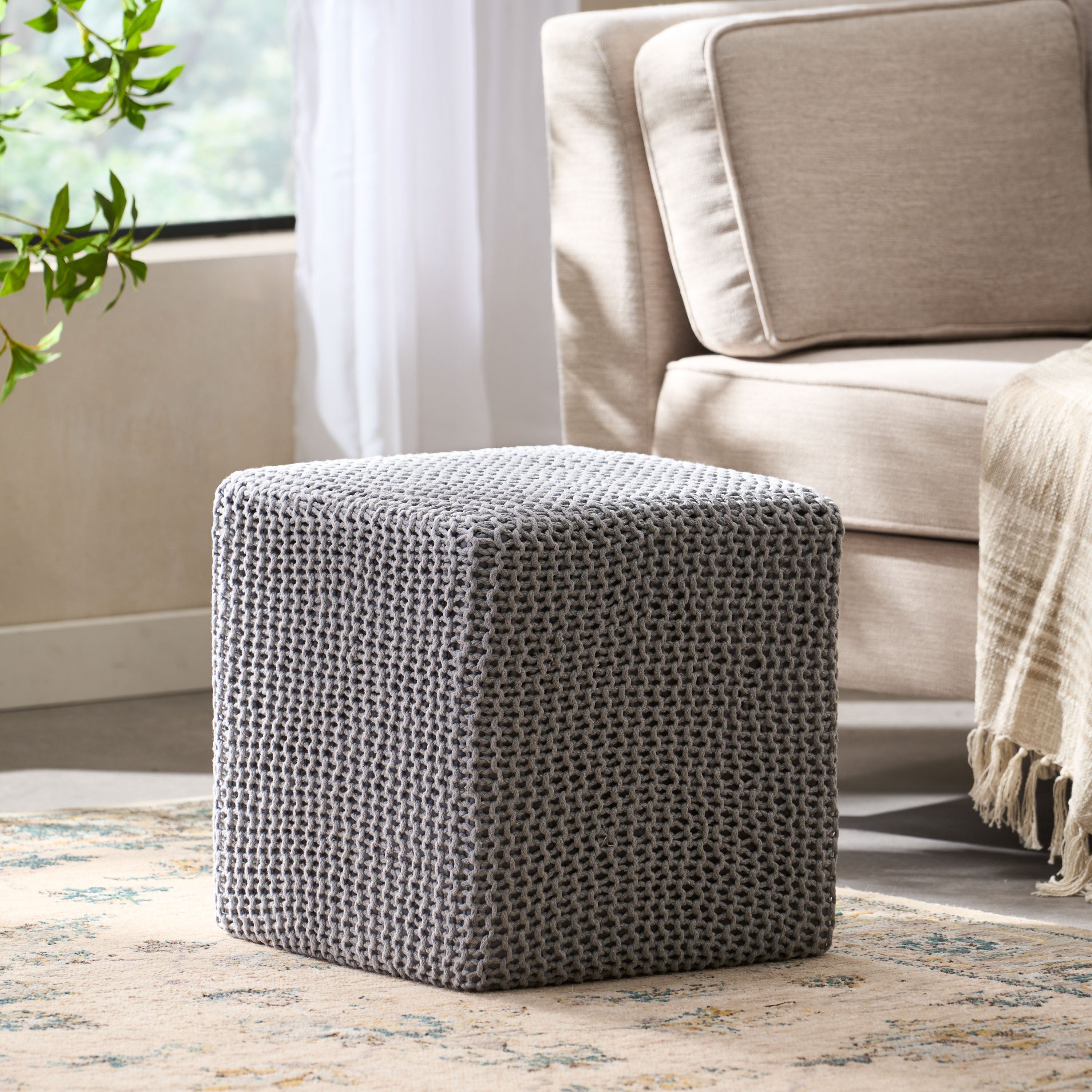 Chabani Indoor Modern Knitted Fabric Cube Pouf Ottoman - Grand Goldman Shop