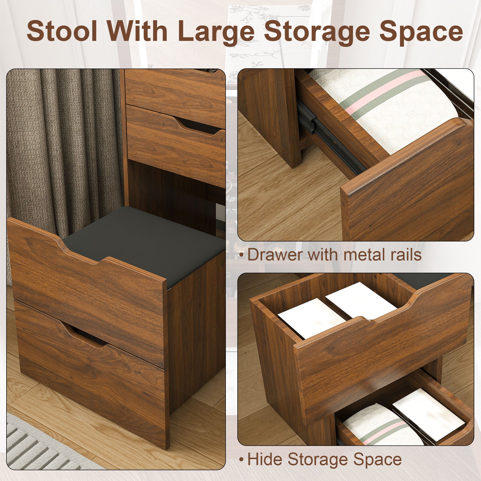 3-in-1 Vanity Desk with Lighted Mirror & Stool, Flip Top Makeup Dressing Table in Walnut Finish, Compact Storage for Bedroom or Bathroom - Grand Goldman Shop
