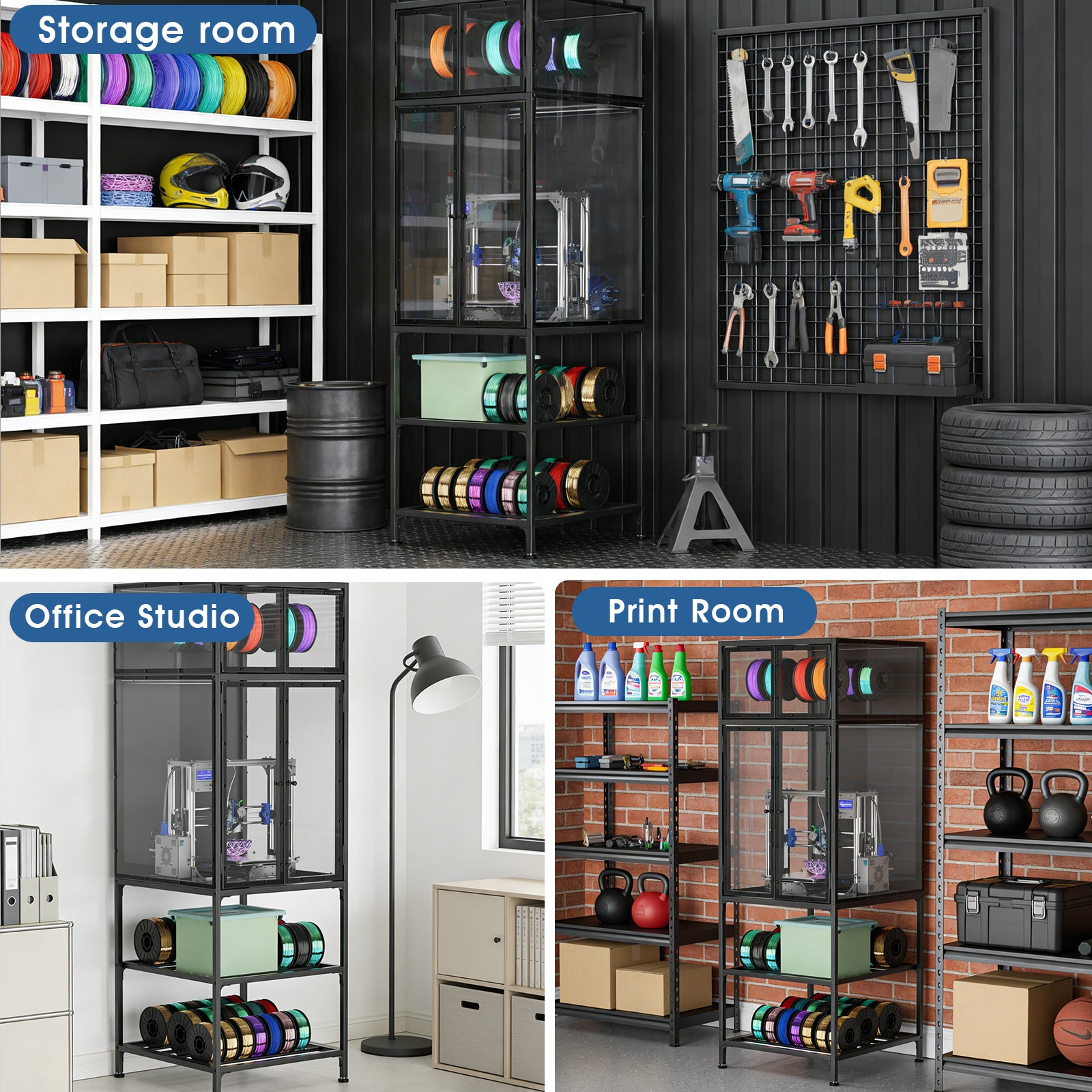 Black 3D Printer Cabinet with Double-Layer Filament Storage, T-Shaped Filament Bar, Noise-Reducing and Dust-Proof Design for Studio or Office Use - Grand Goldman Shop