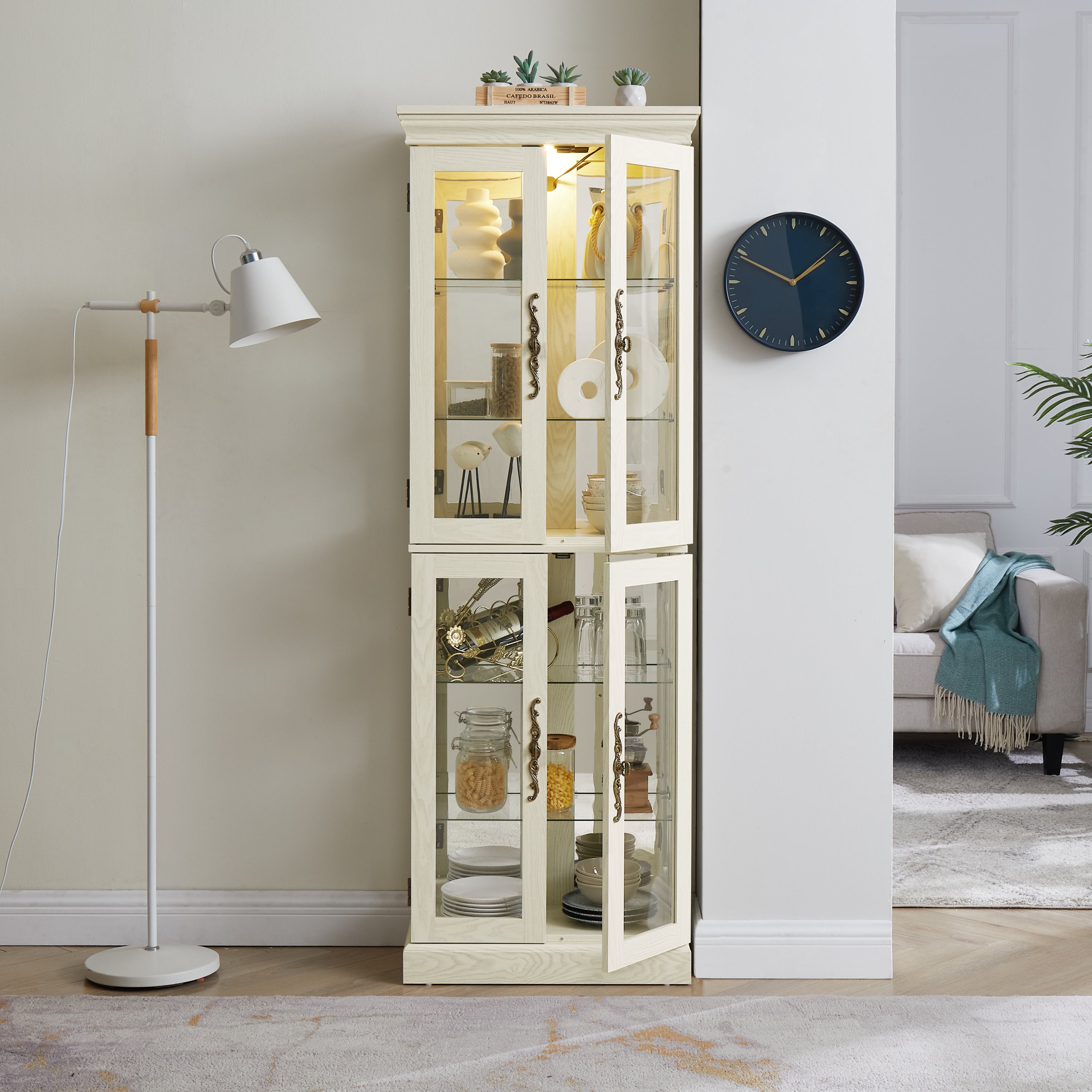 Lighted Glass Curio Display Cabinet,Display Cabinet,Glass Storage Cabinet Glass Wine cabinet Wood Frame Toy Display for Living Room, Kitchen, Pantry light bulb included Antique white - Grand Goldman Shop