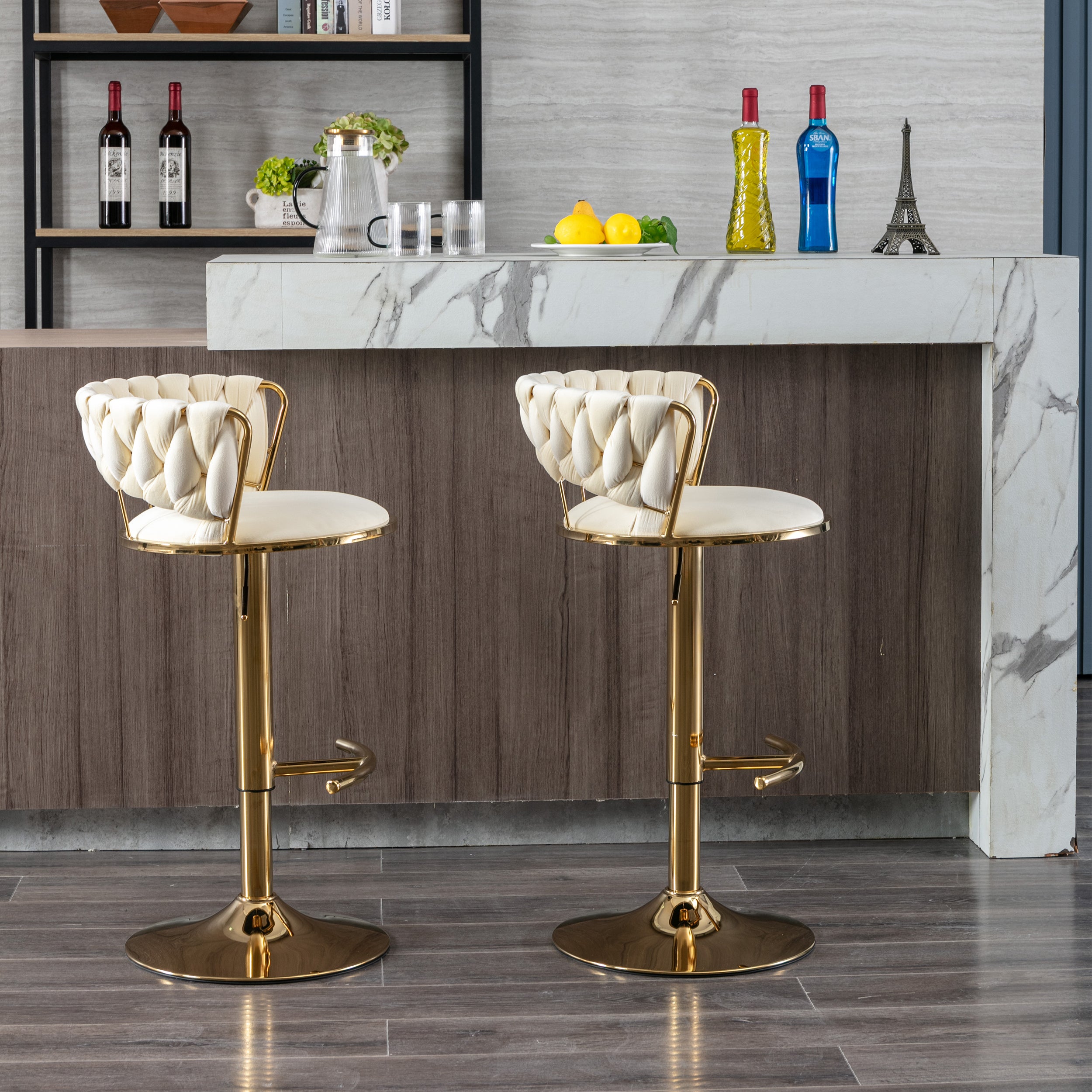 Set of 2  Bar Stools,with Chrome Footrest and Base Swivel Height Adjustable Mechanical Lifting Velvet + Golden Leg Simple Bar Stool-Cream - Grand Goldman Shop