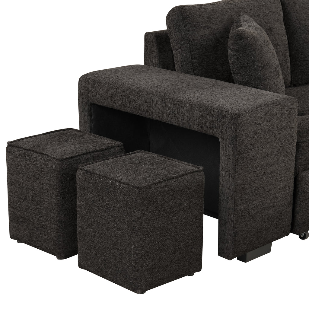 Modern L-Shape 3 Seat Reversible Sectional Couch with Pull Out Sleeper Sofa, Storage Chaise, 2 Stools, Charcoal Grey, Linen Chenille - Grand Goldman Shop