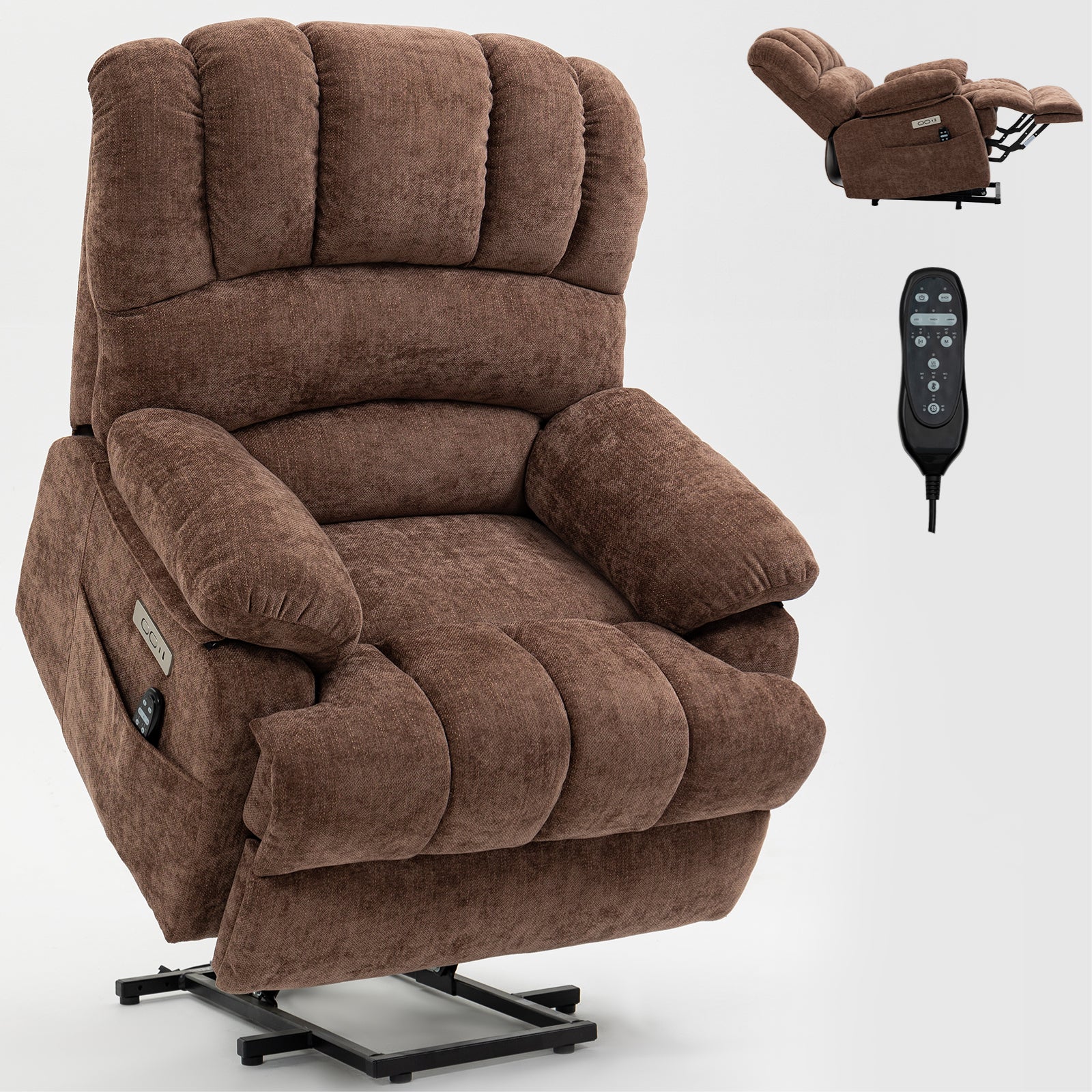 23' Seat Width and High Back Large Size Chenille Power Lift Recliner Chair with 8-Point Vibration Massage and Lumbar Heating, Brown - Grand Goldman Shop